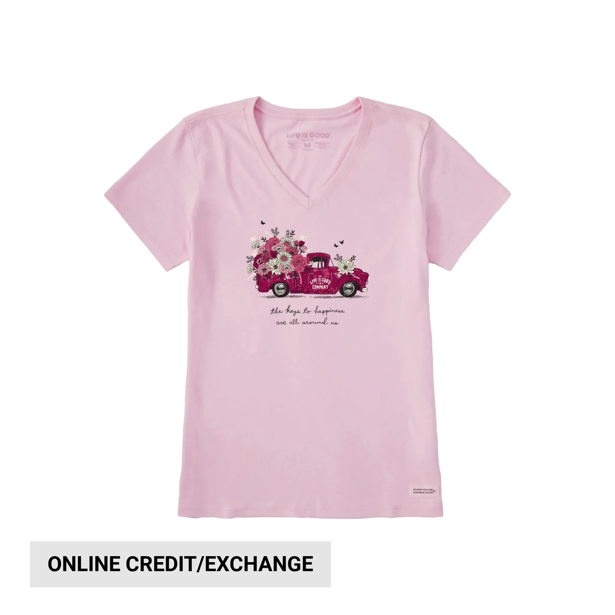 Life Is Good Women's Key To Happiness Floral Pickup Short Sleeve Crusher Vee - Seashell Pink HypoallergenicFibers Easy to Wear