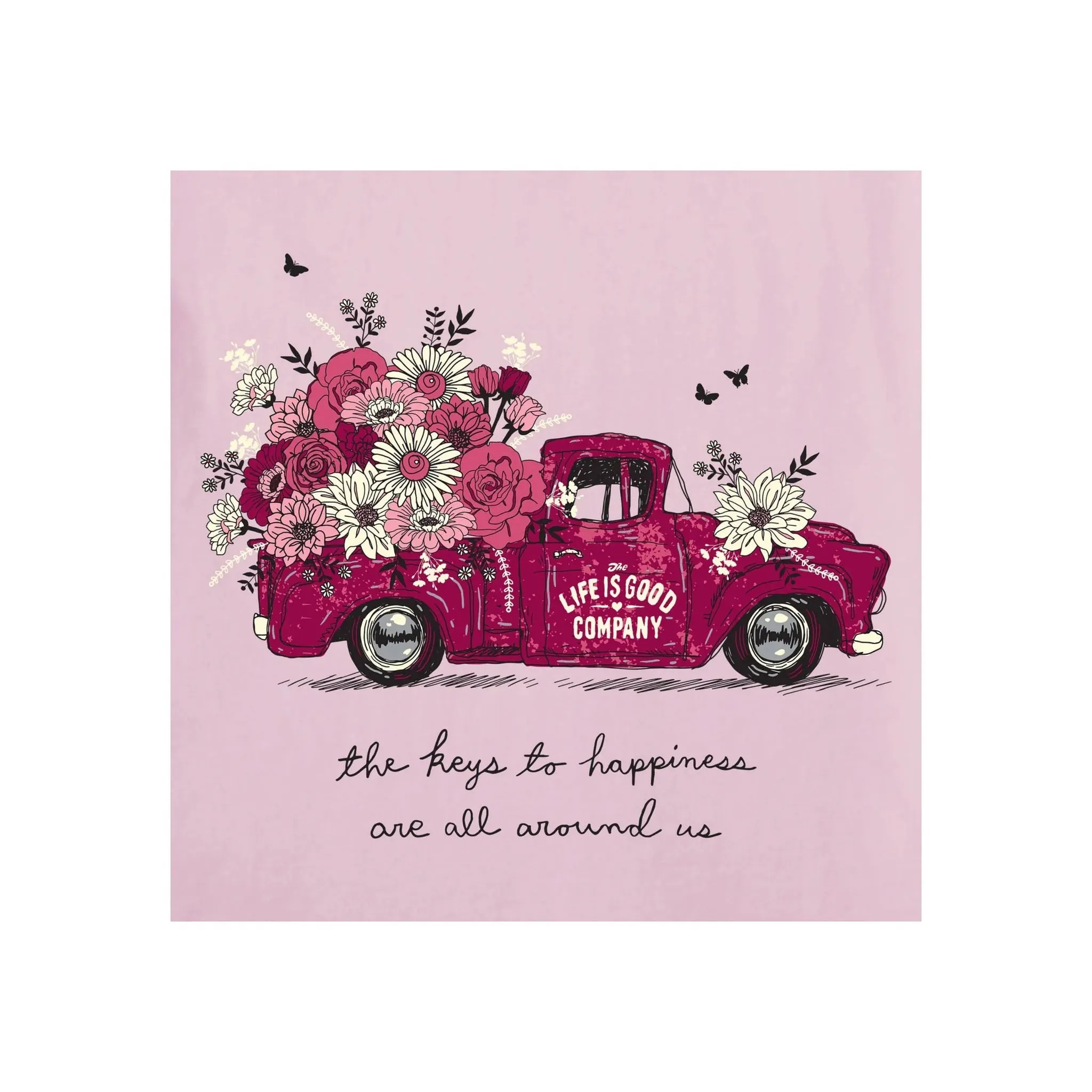 Life Is Good Women's Key To Happiness Floral Pickup Short Sleeve Crusher Vee - Seashell Pink Layered Hem Detailing Soft touch finish