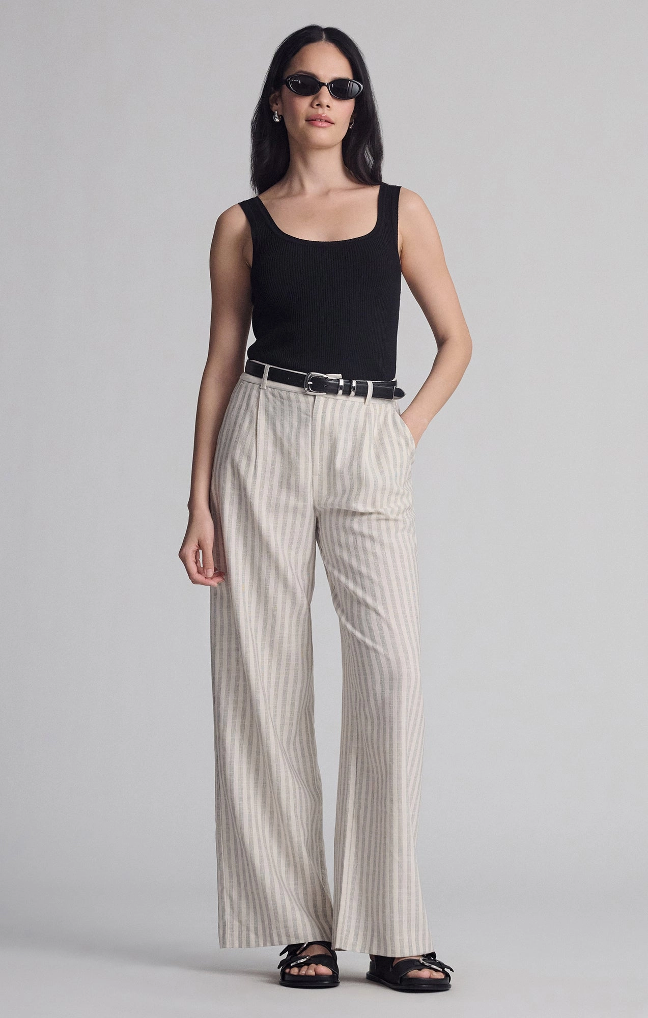 WOVEN BUTTON PANTS IN BLACK STRIPE Multi Pocket System All Purpose Wear