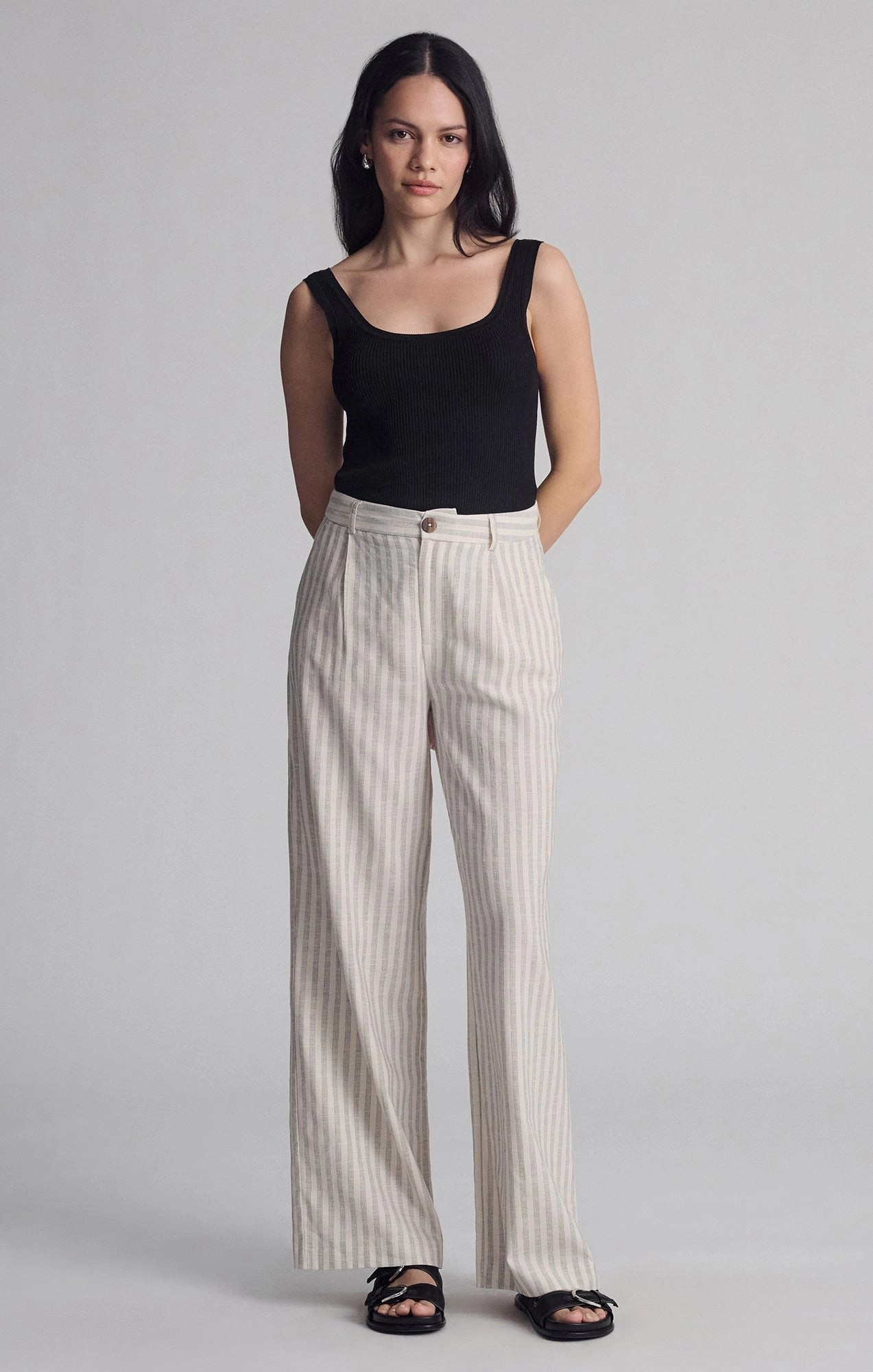 WOVEN BUTTON PANTS IN BLACK STRIPE Quick Release Closure Elasticized Cuffs