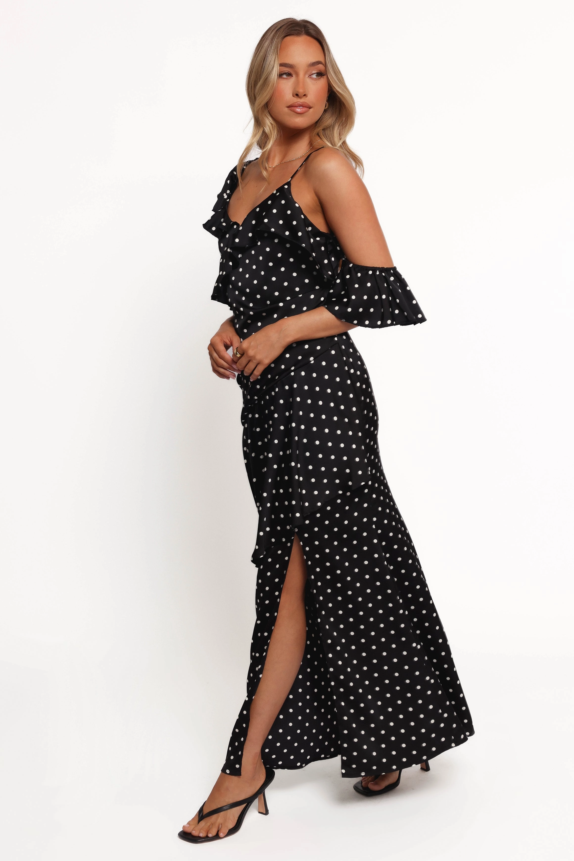 Flattering Shape All Season Style Adelina Maxi Dress - Black Polka Dot