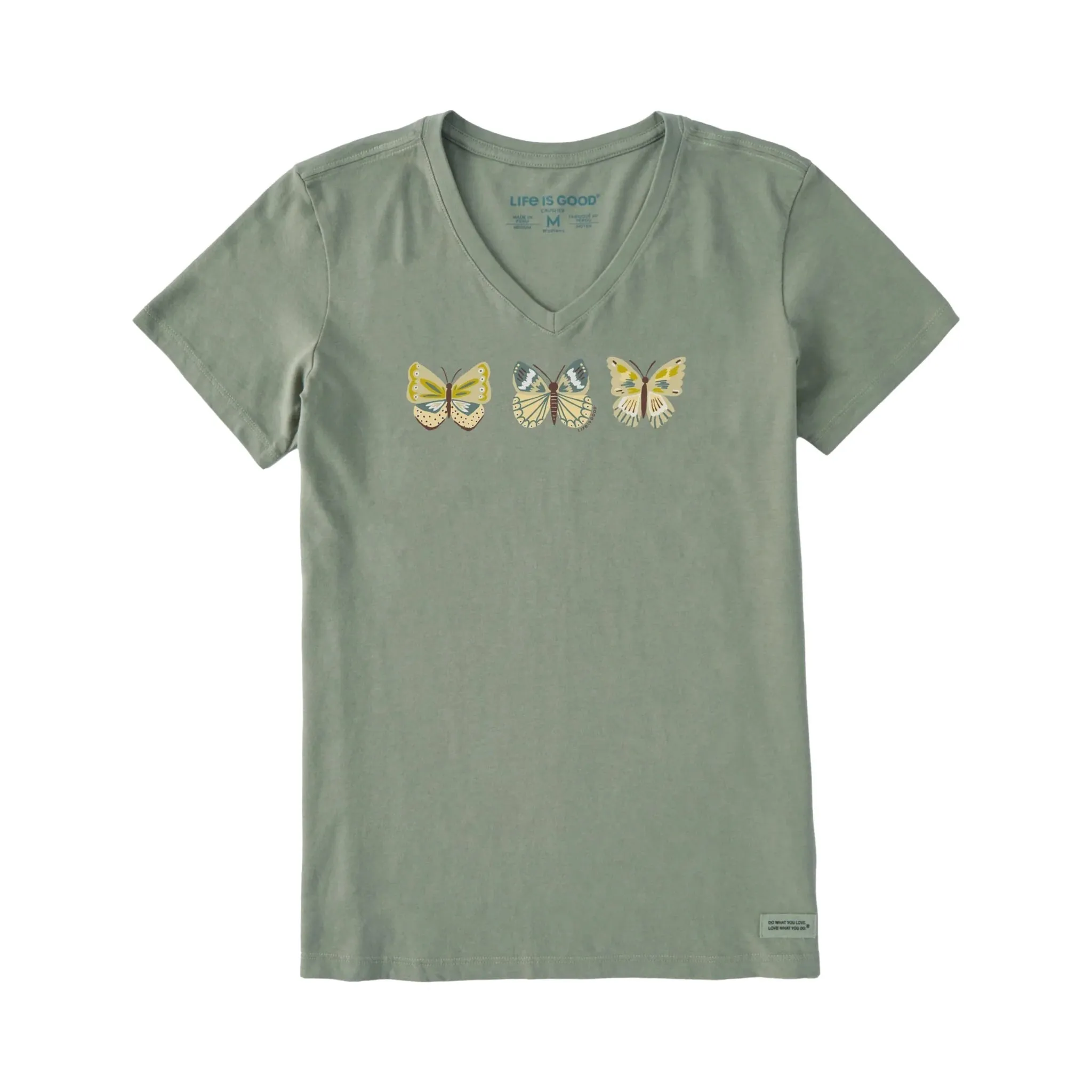 Life Is Good Women's Butterfly Lineup Short Sleeve Crusher Vee - Moss Green SeamlessConstruction