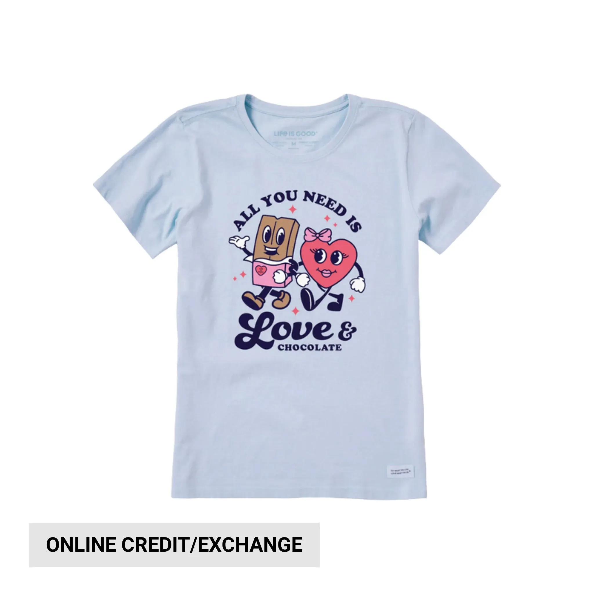 Life Is Good Women's Love & Chocolate Crusher Tee - Glacier Blue Relaxed Fit Shirt