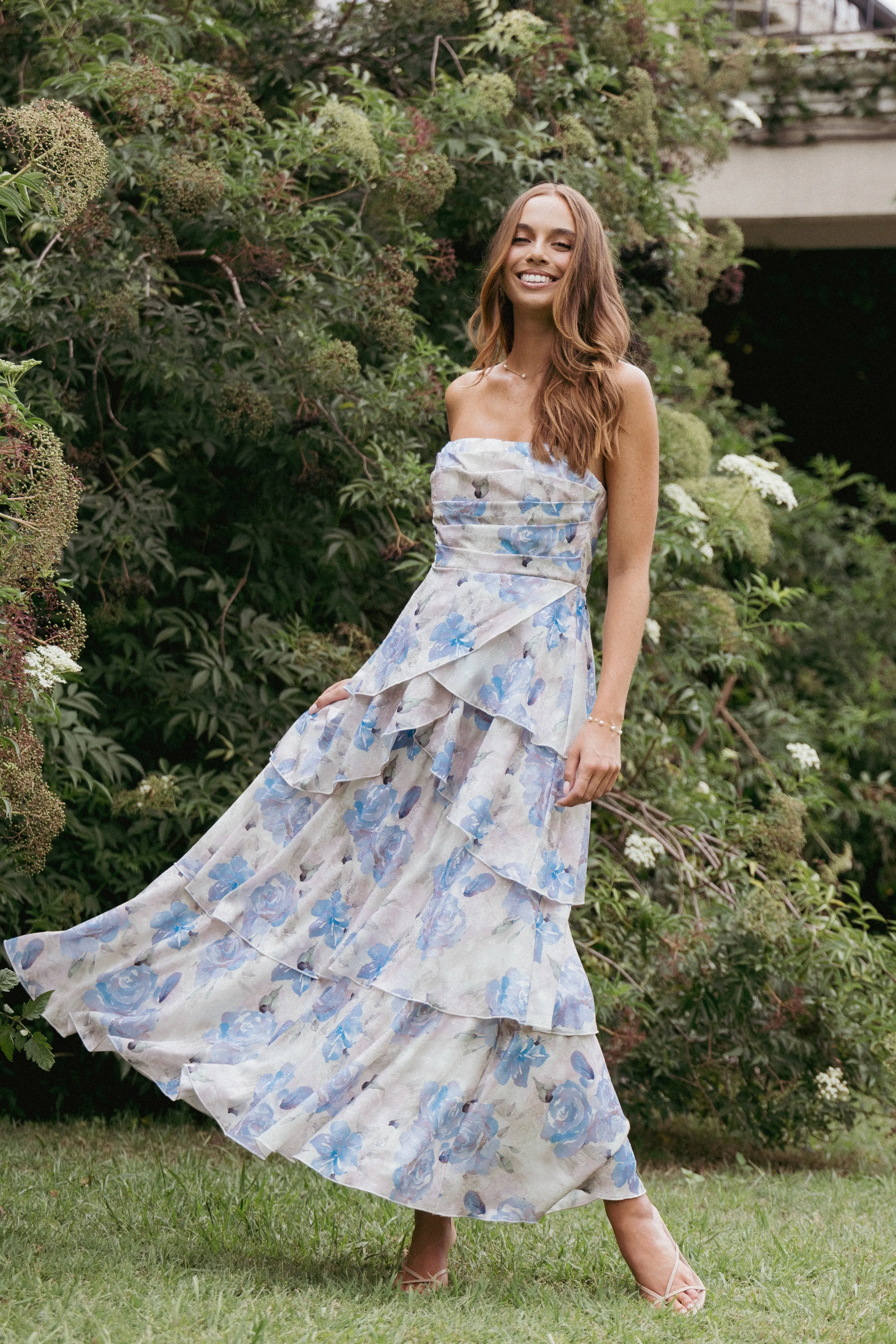Tailored Elegance Admira Strapless Maxi Dress - Blue Floral