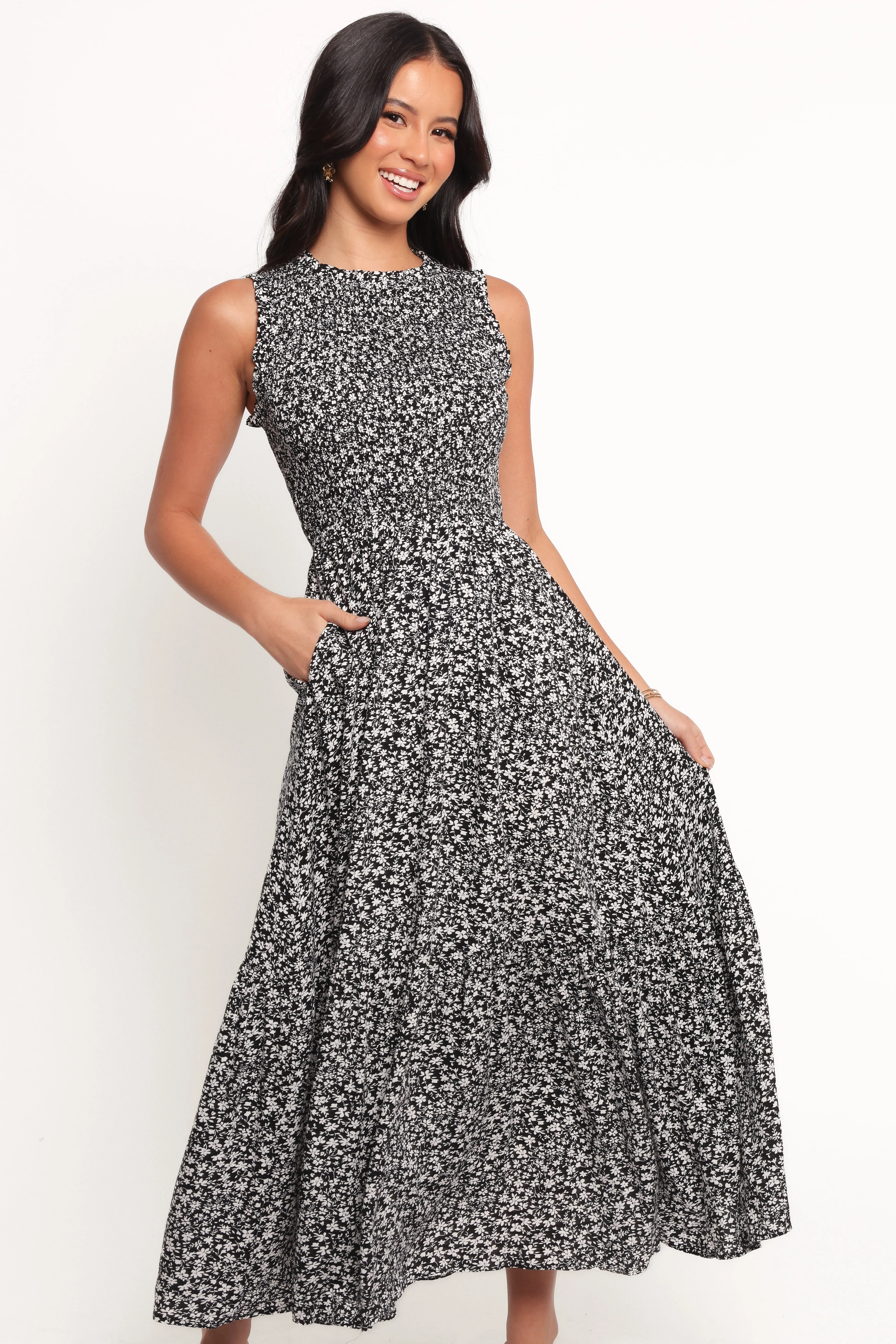 Smooth Layering Agatha Midi Dress - Black Floral