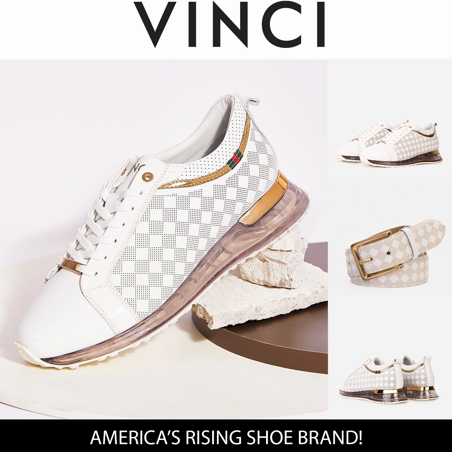 The Cenova White & Gold Leather Men Sneaker Gusseted Tongue Design Weekend Trail