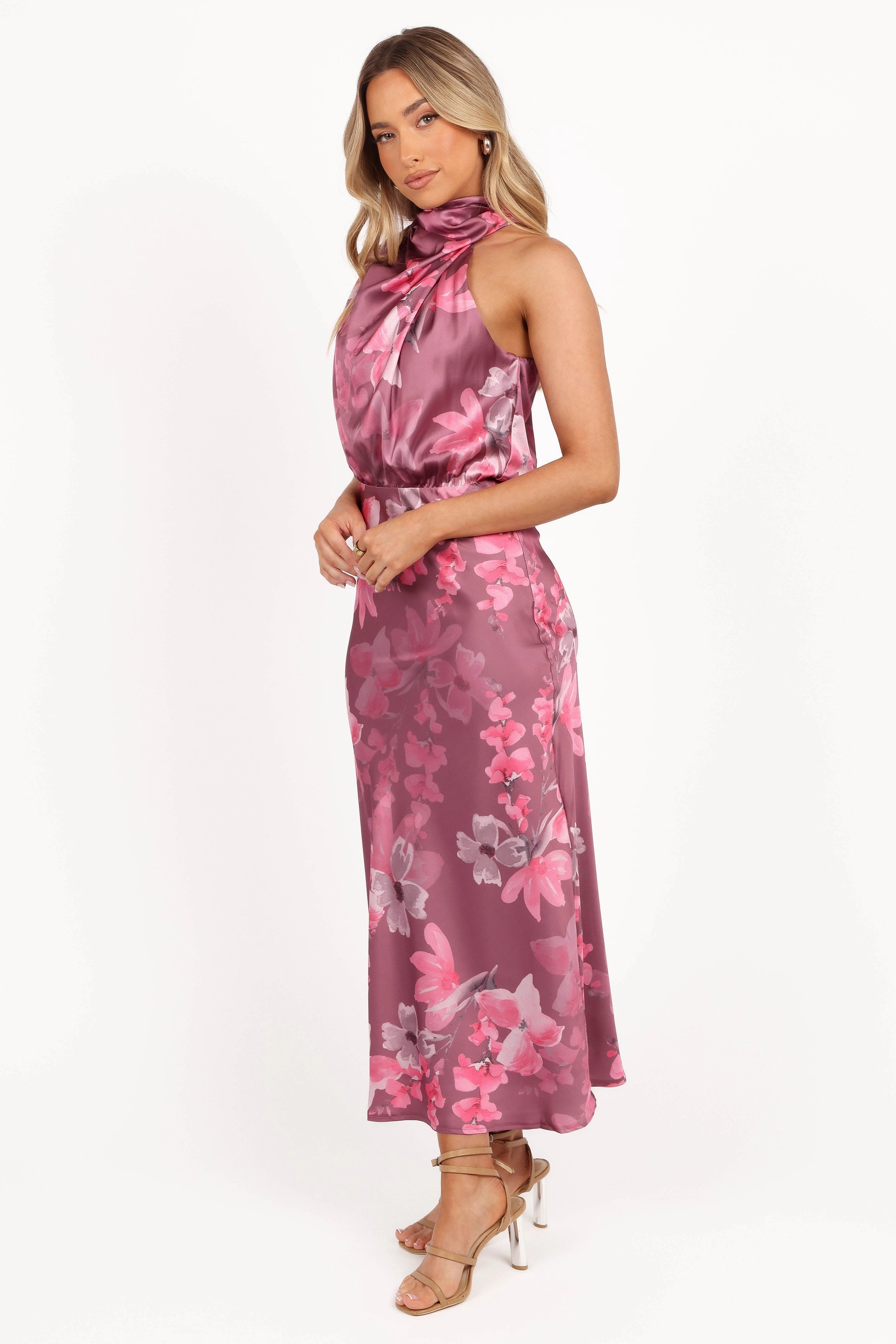 Anabelle Halter Neck Midi Dress - Dark Rose Floral FlatlockSeam All Day Ready