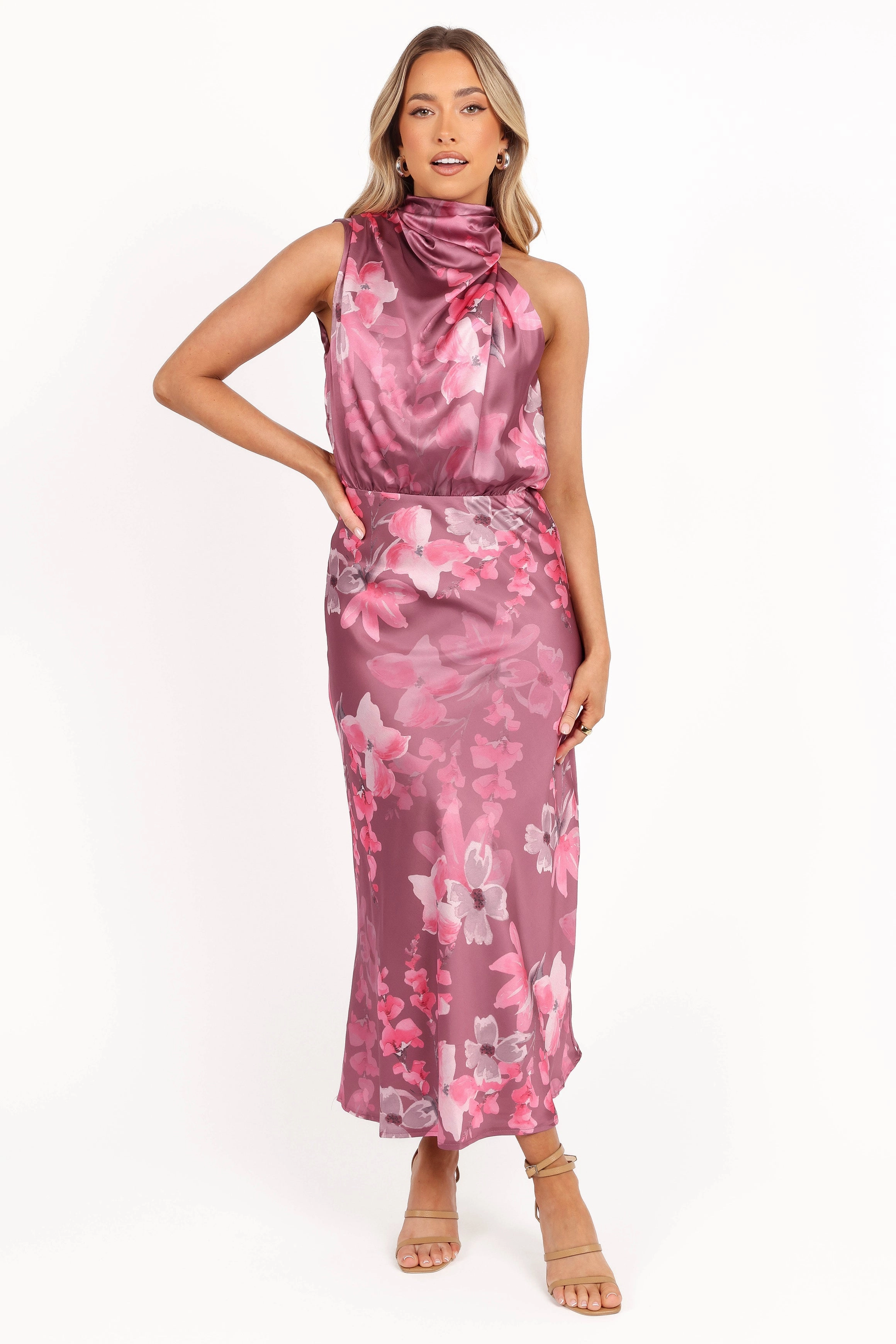 Anabelle Halter Neck Midi Dress - Dark Rose Floral Night Mood QuickReleaseClasp
