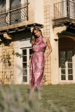 Anabelle Halter Neck Midi Dress - Dark Rose Floral Light Fall