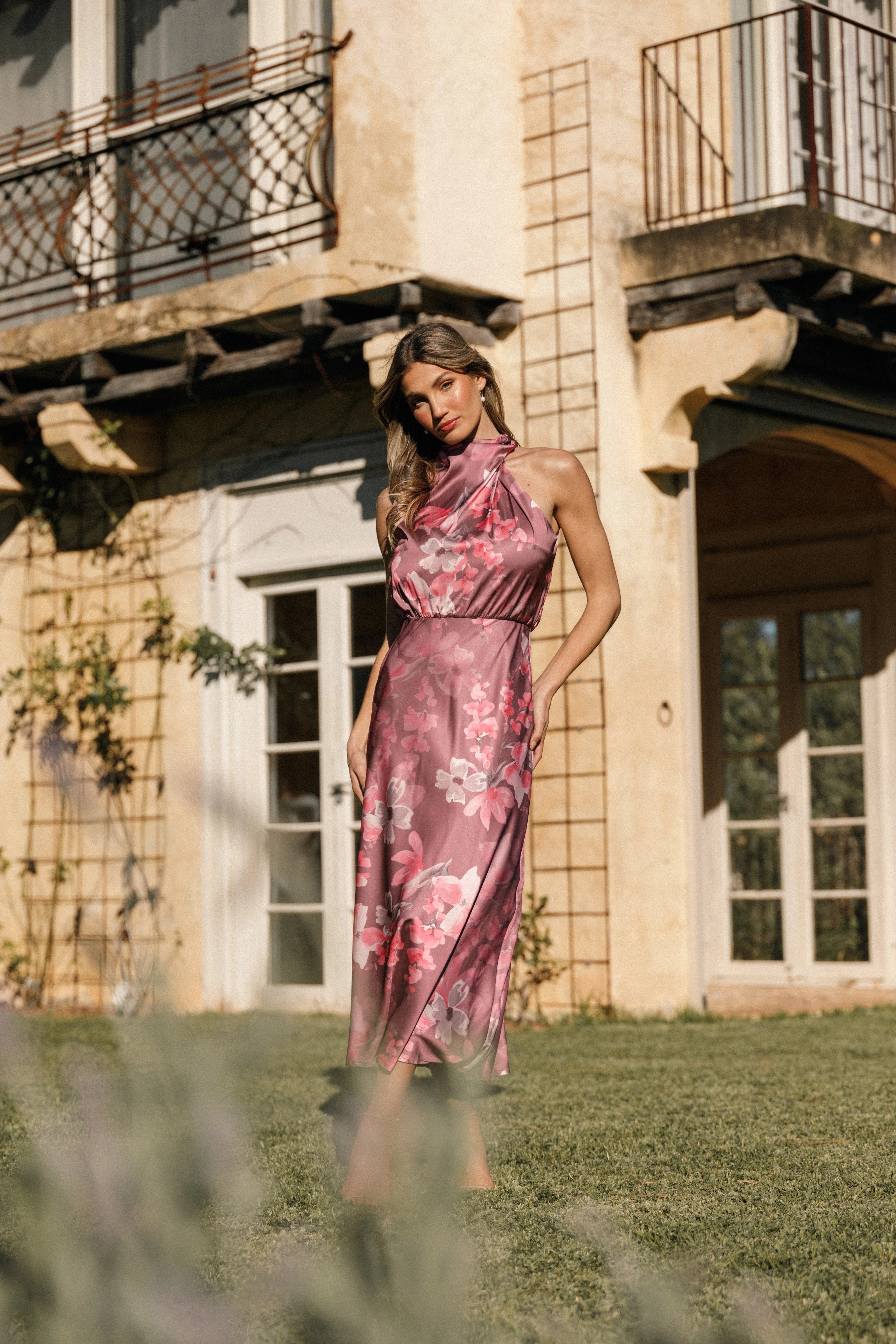 Anabelle Halter Neck Midi Dress - Dark Rose Floral Light Fall