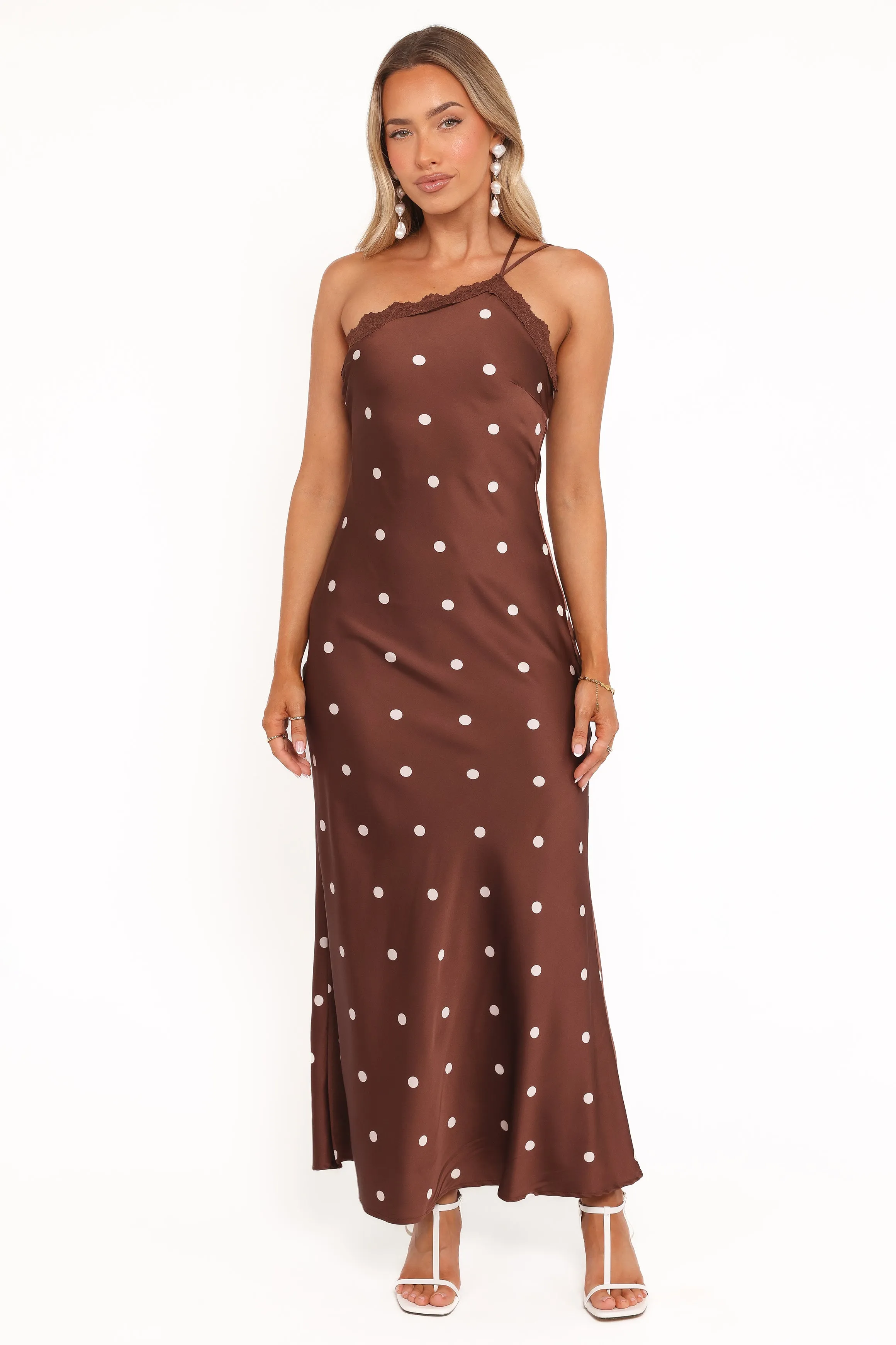 Flattering Look Fit Anika Maxi Dress - Brown Polka Dot