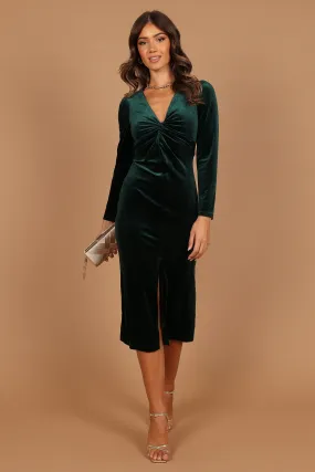 Seamless Finish Lisse Twist Front Long Sleeve Velvet Midi Dress - Emerald