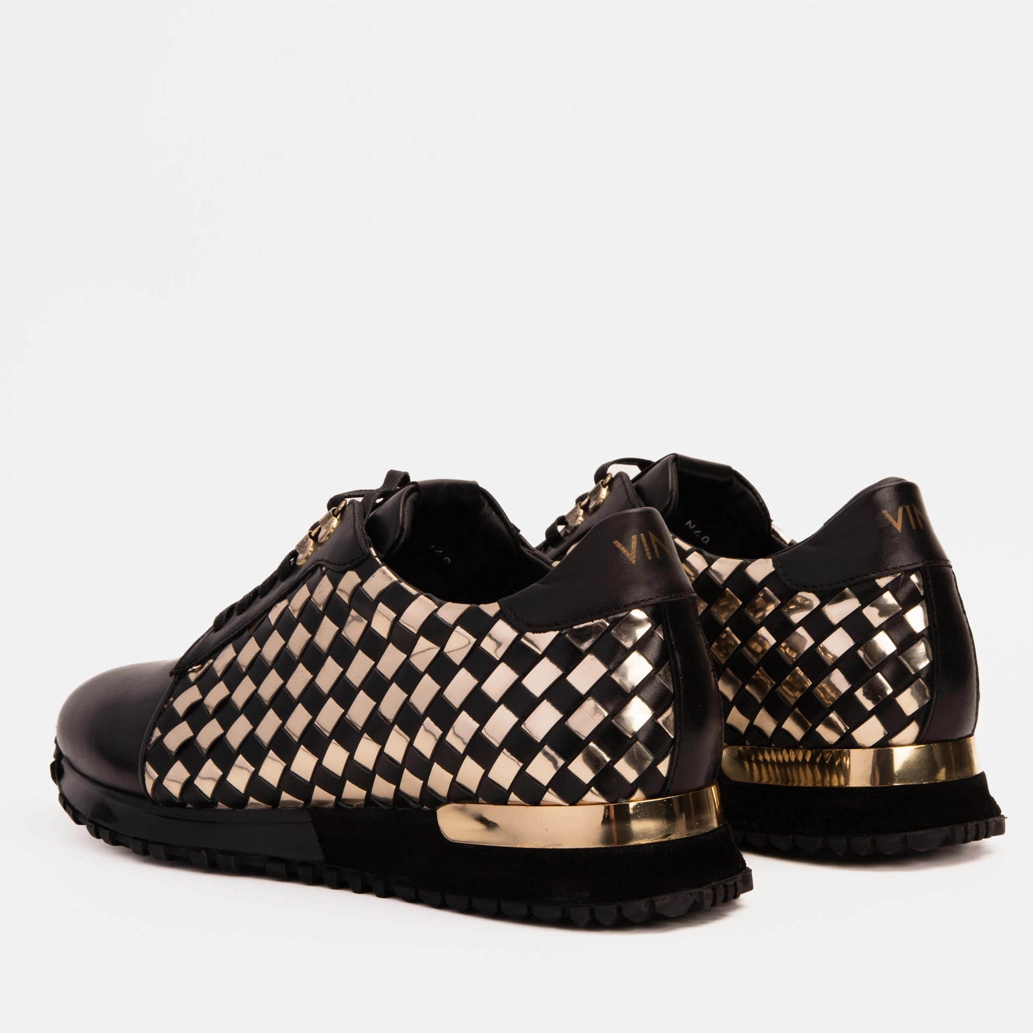 Compact Form Perimeter Cushioning The Mackenzie Black & Gold Woven Leather Men Sneaker