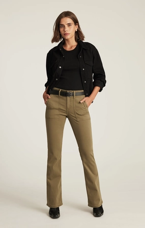 VICKY PATCH POCKET BOOTCUT IN DARK OLIVE SATEEN relaxed shape Lightweight Layer