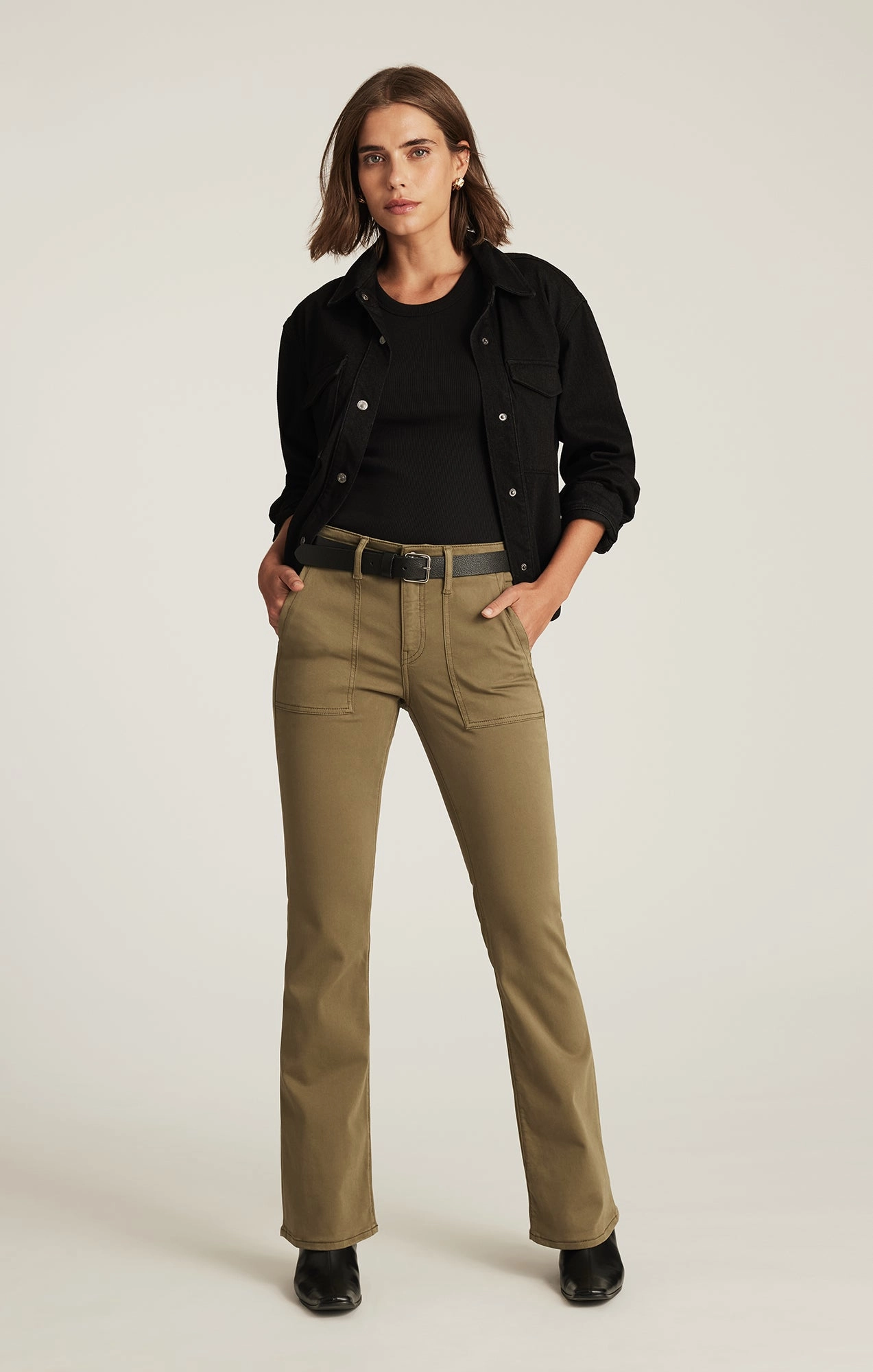 VICKY PATCH POCKET BOOTCUT IN DARK OLIVE SATEEN relaxed shape Lightweight Layer