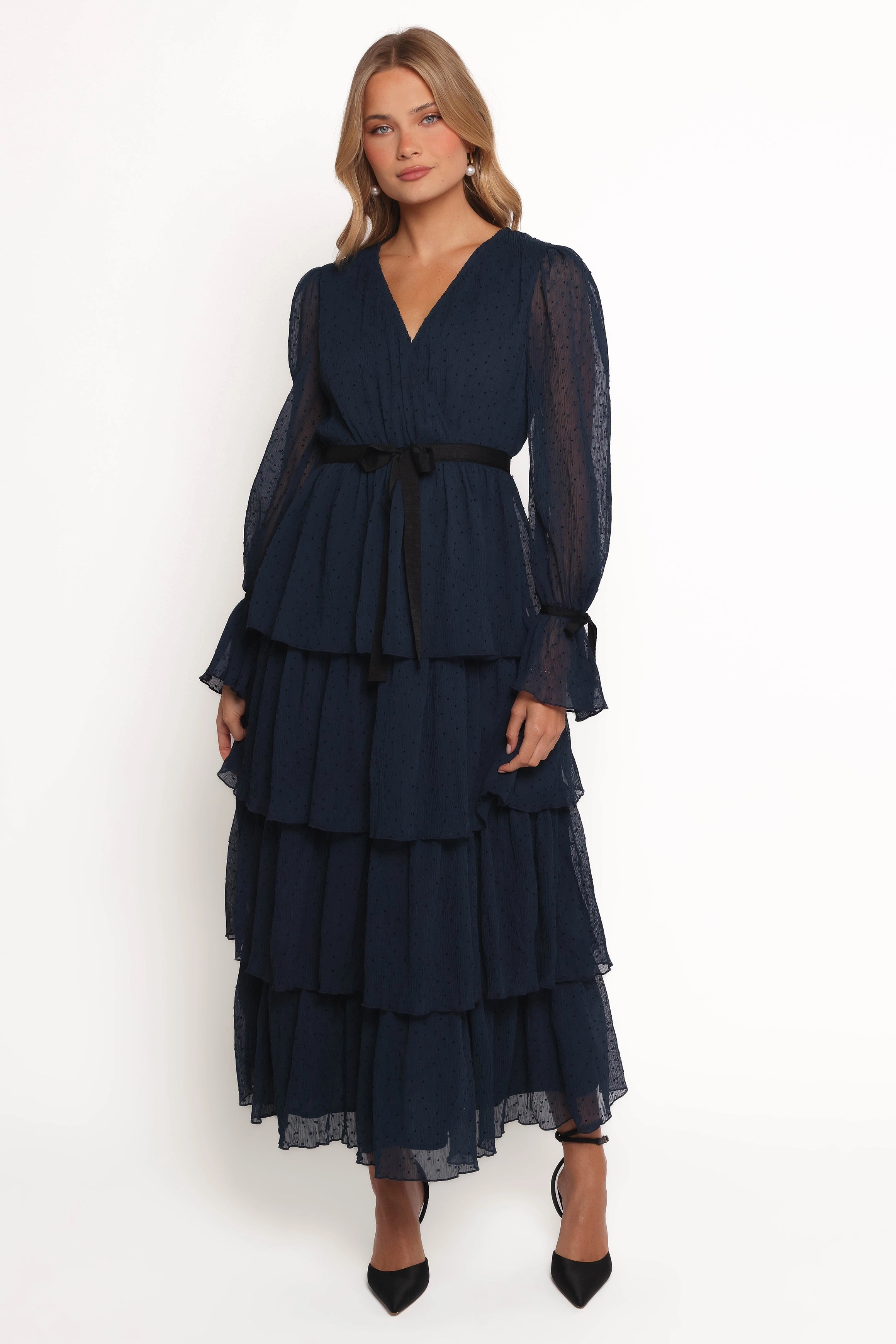 Subtle Glam Fall Comfort Antoinette Long Sleeve Tiered Maxi Dress - Navy