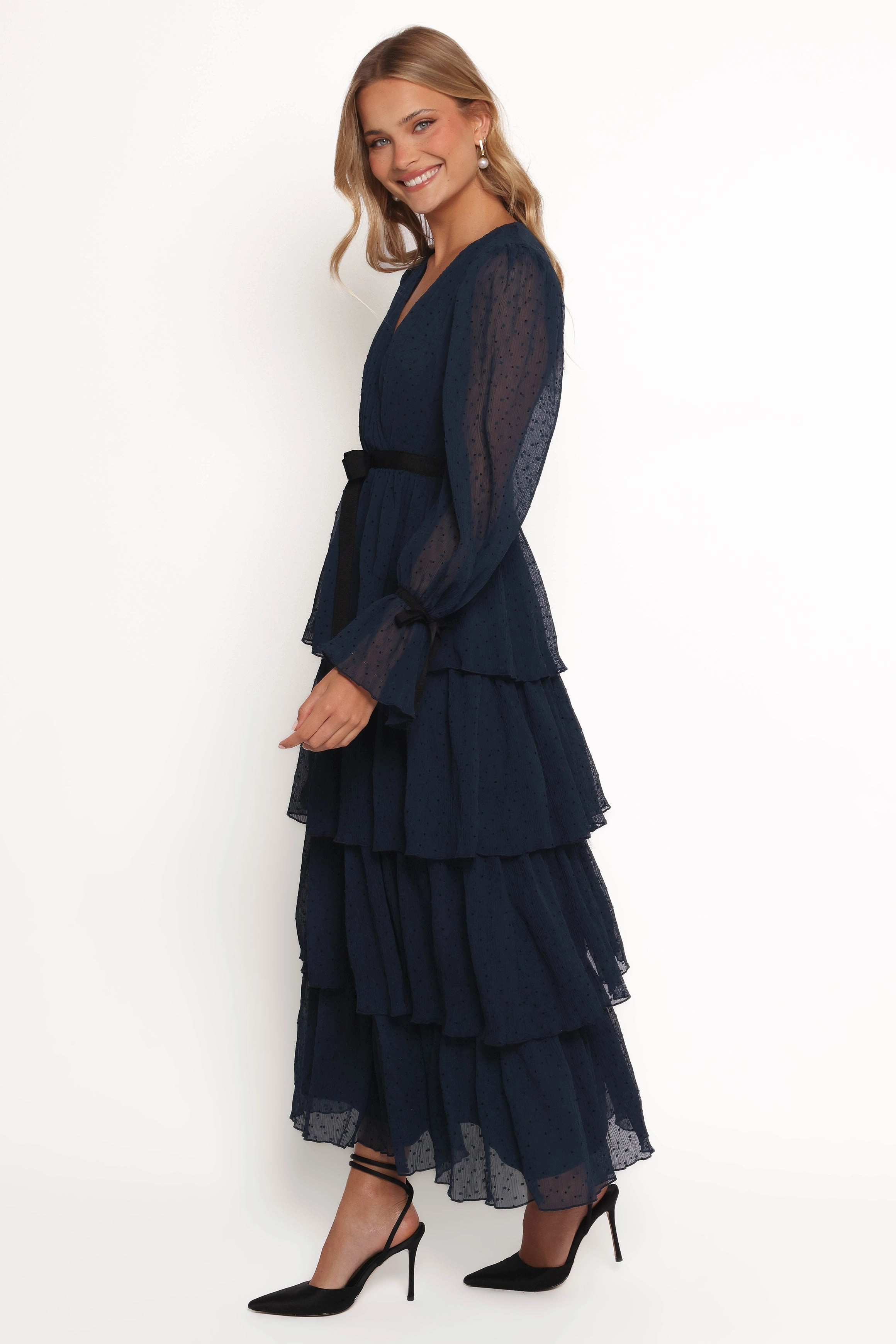 Antoinette Long Sleeve Tiered Maxi Dress - Navy Shiny-Lining