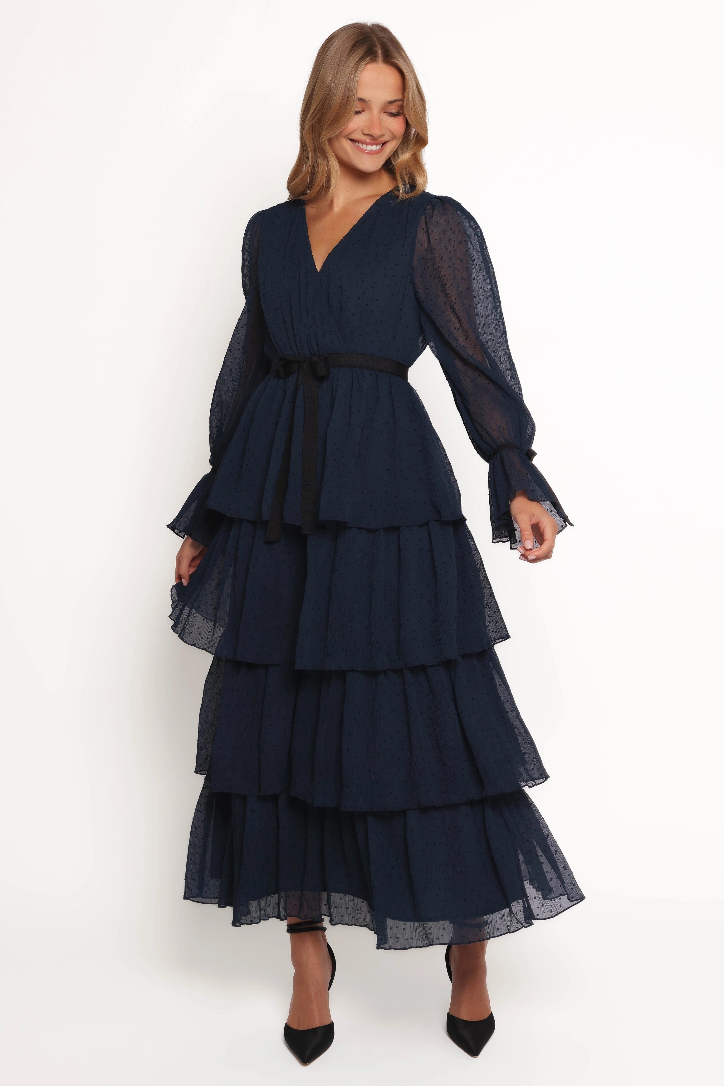 Antoinette Long Sleeve Tiered Maxi Dress - Navy Relaxing Style Pink Glow