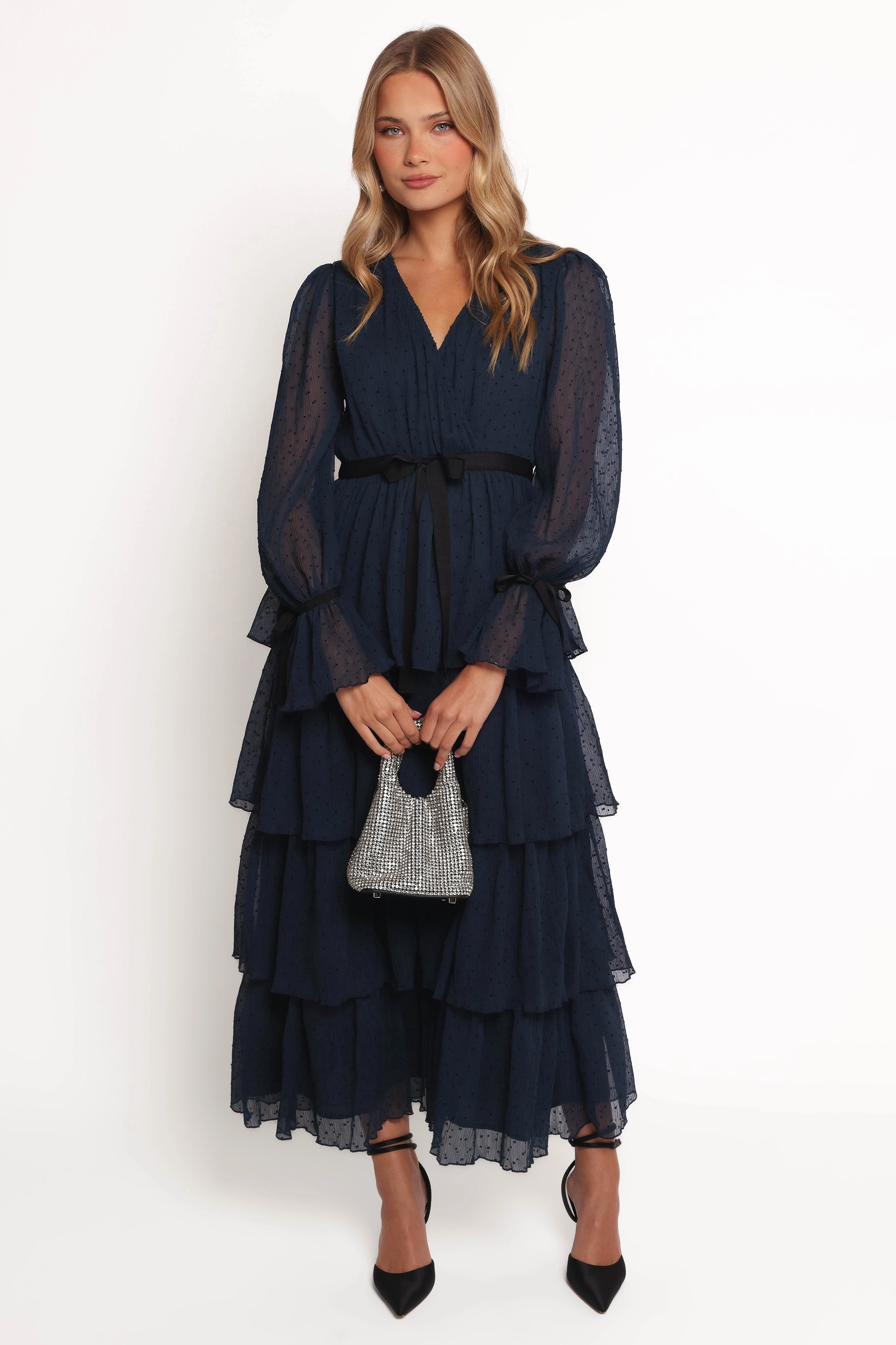 Antoinette Long Sleeve Tiered Maxi Dress - Navy Trendy Fit Look Fitted Mood
