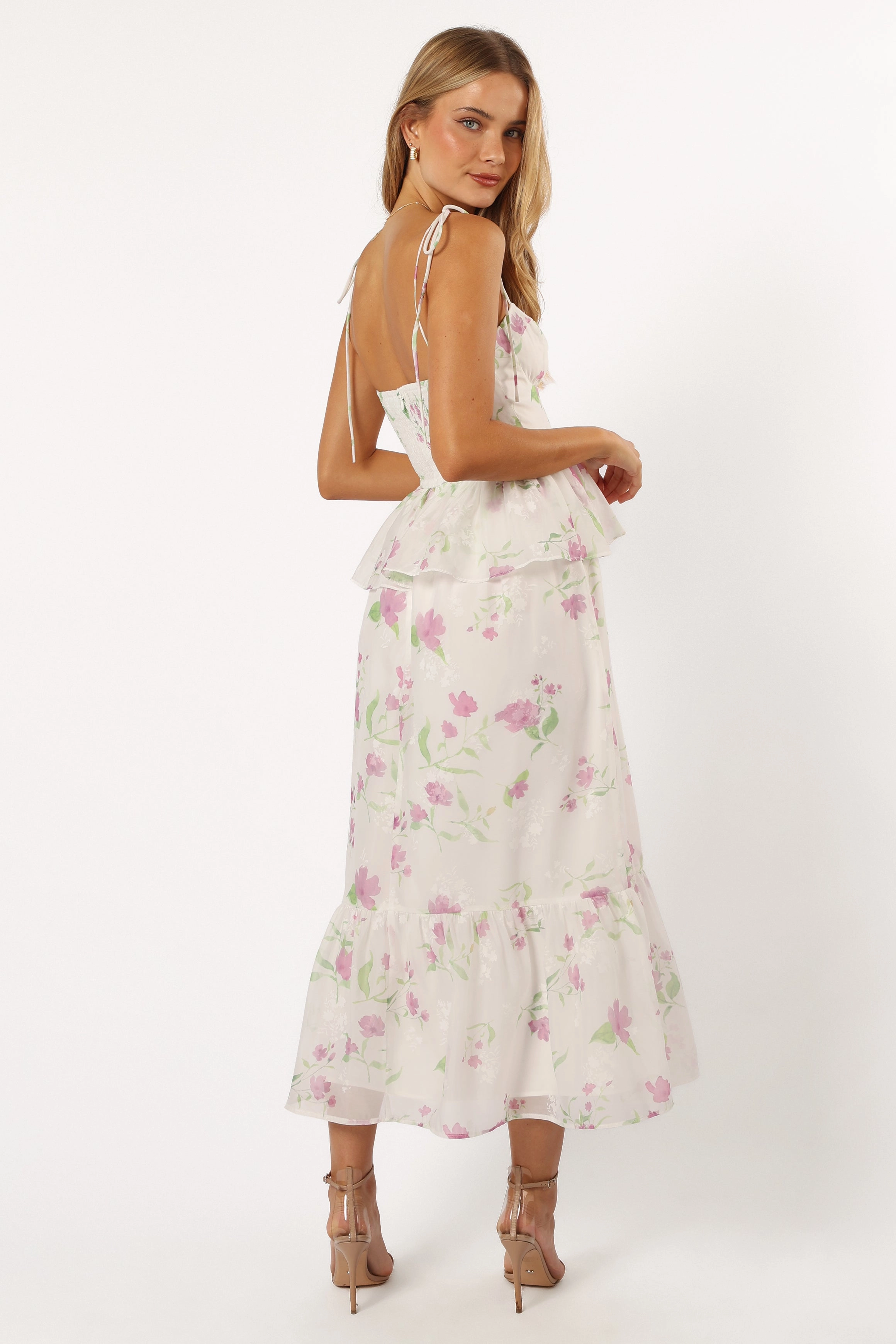 Floral Pattern Soft Shine Armani Midi Dress - White Floral