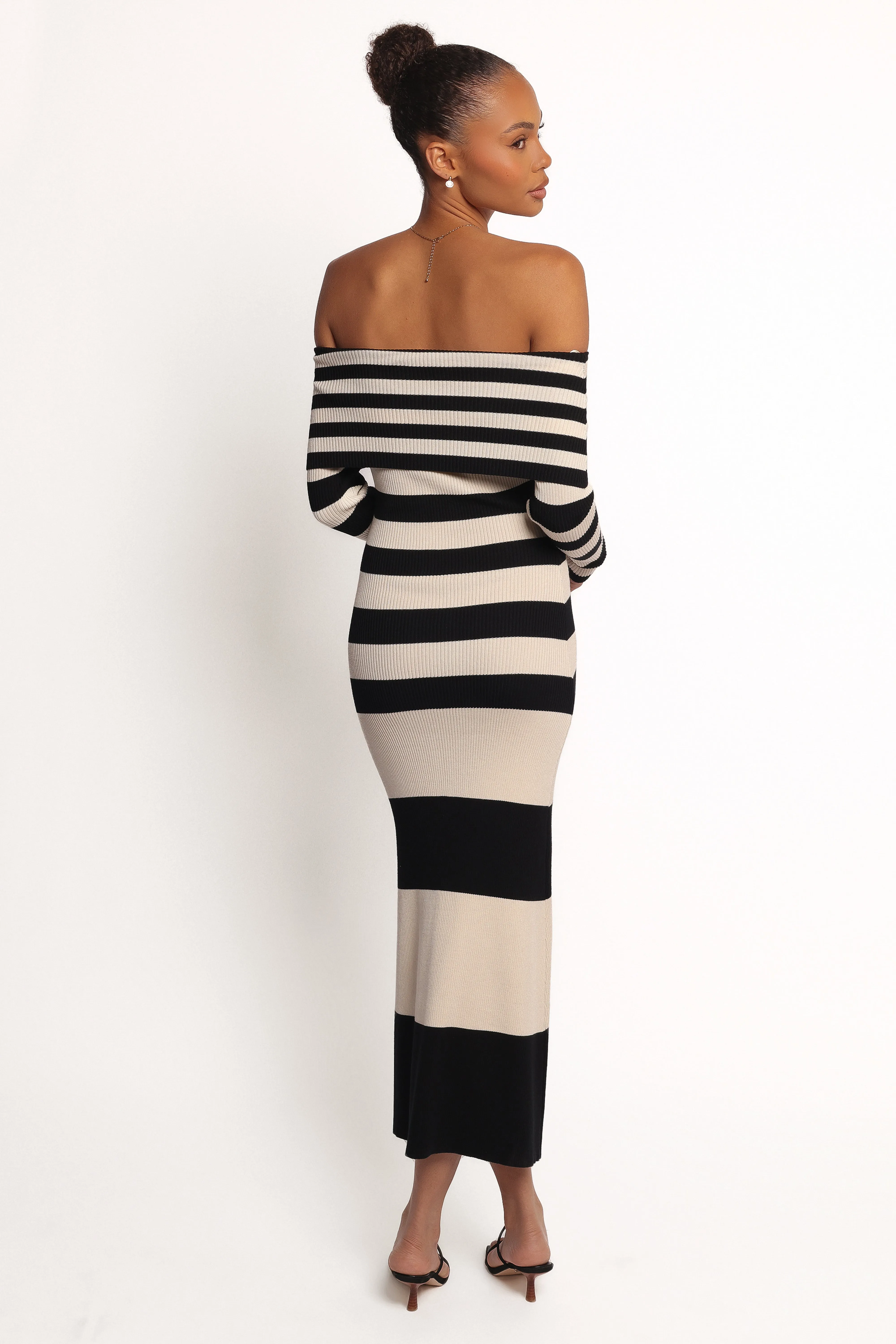 Banks Off Shoulder Knit Dress - Black Cream Stripe Quiet Glow