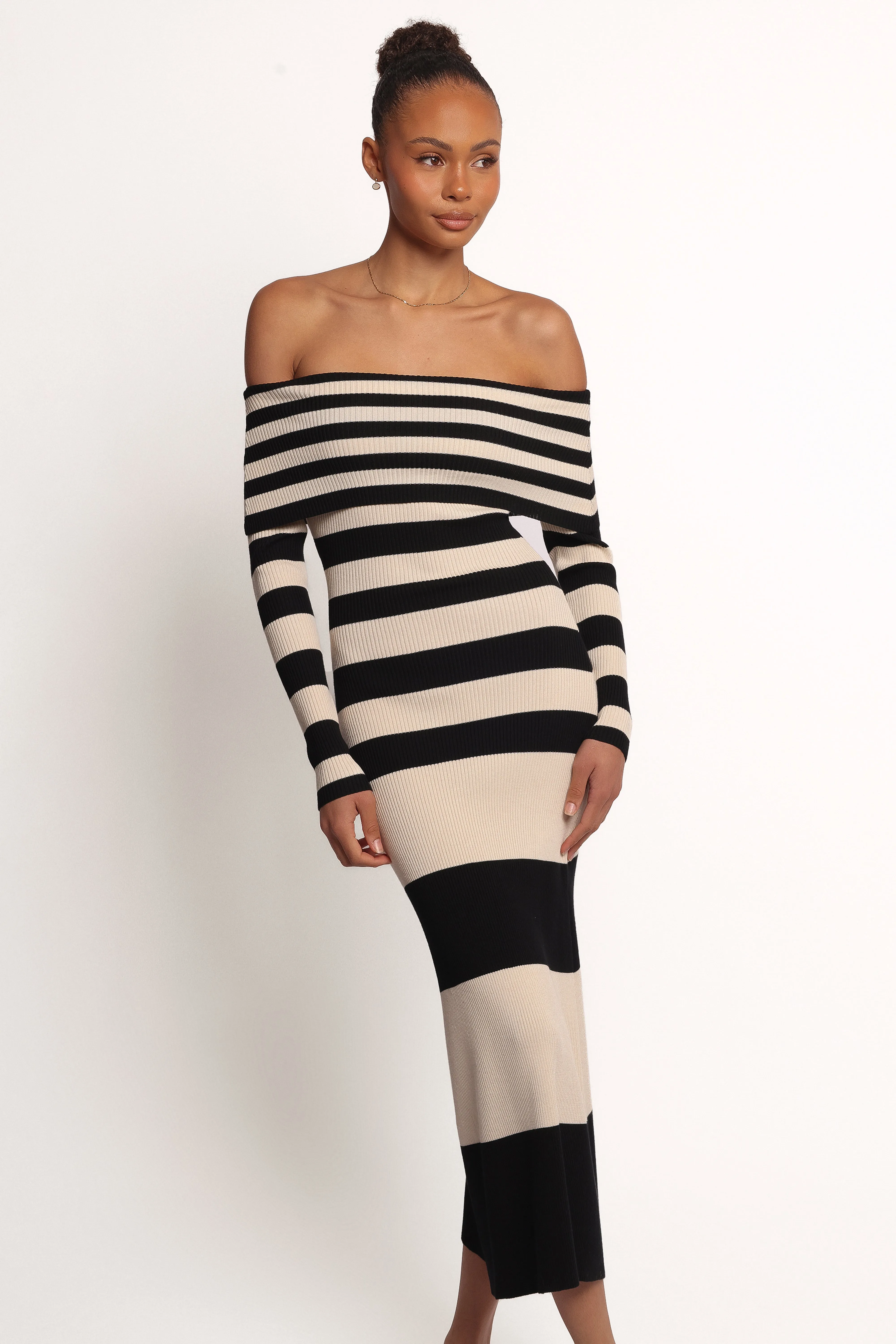 Luxury-Fabric Anytime Wear Banks Off Shoulder Knit Dress - Black Cream Stripe