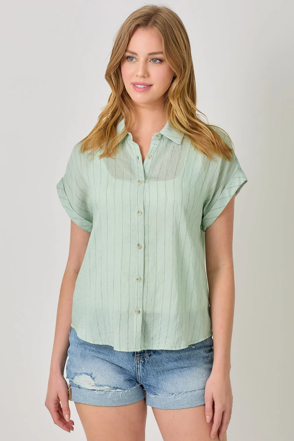 Indoor Event Movie Night Basic Apparel Rolled Up Sleeve Stripe Top | Ivory, Seafoam Green