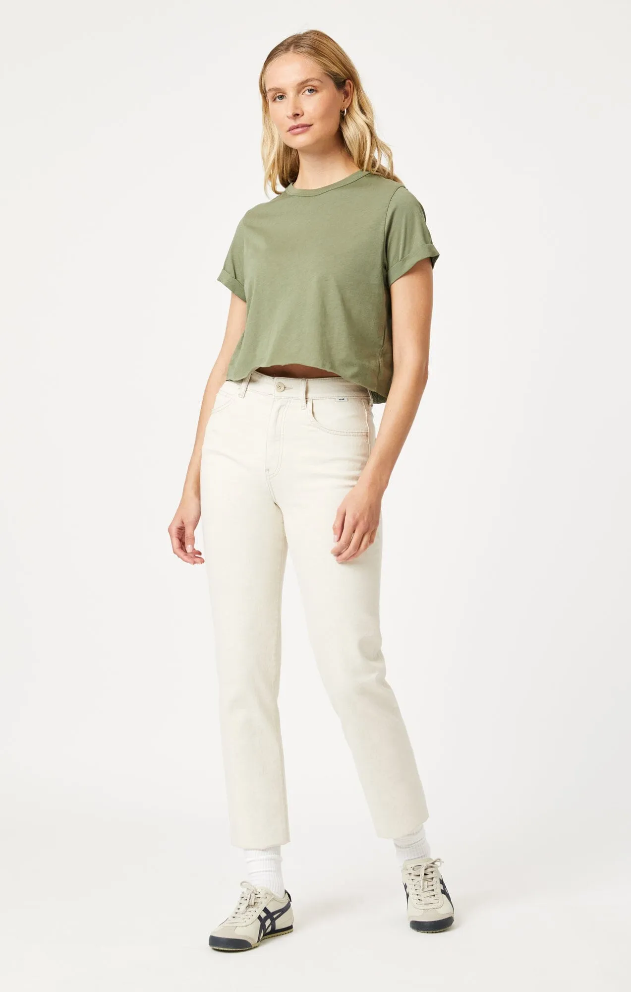 CROPPED T-SHIRT IN DEEP LICHEN GREEN DoubleStitched Seams Tight Fit