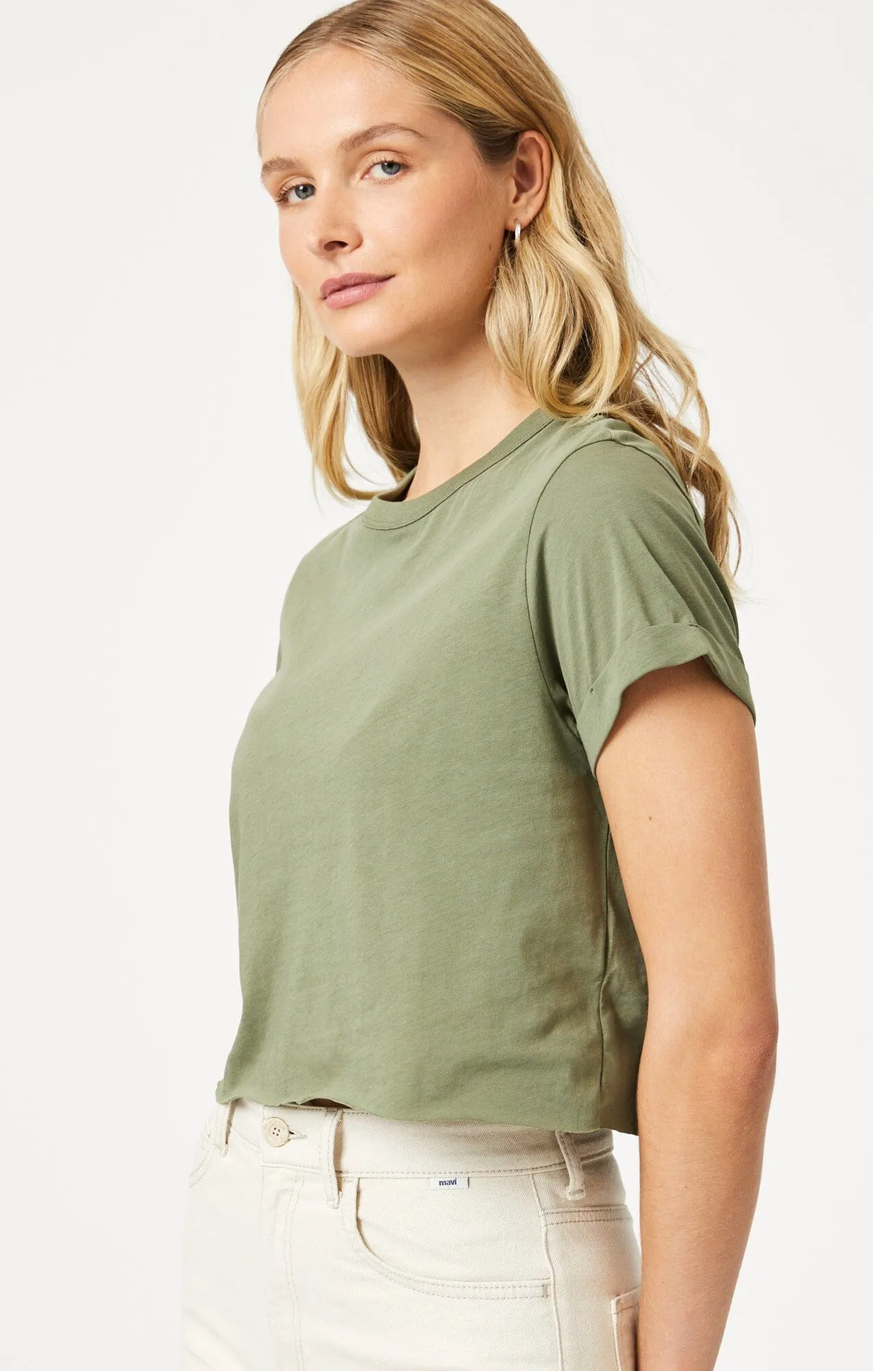CROPPED T-SHIRT IN DEEP LICHEN GREEN High Durability Weave