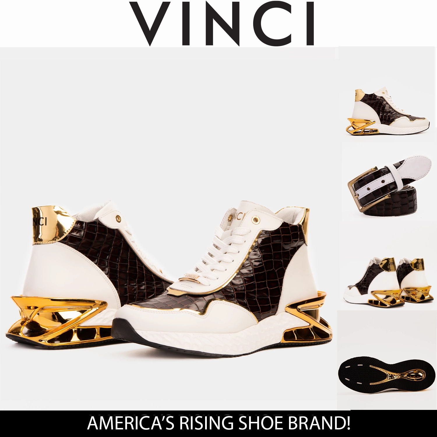 Moisture   Wicking Durable Fabric Bellagio White & Gold Leather High-Top Men Sneaker