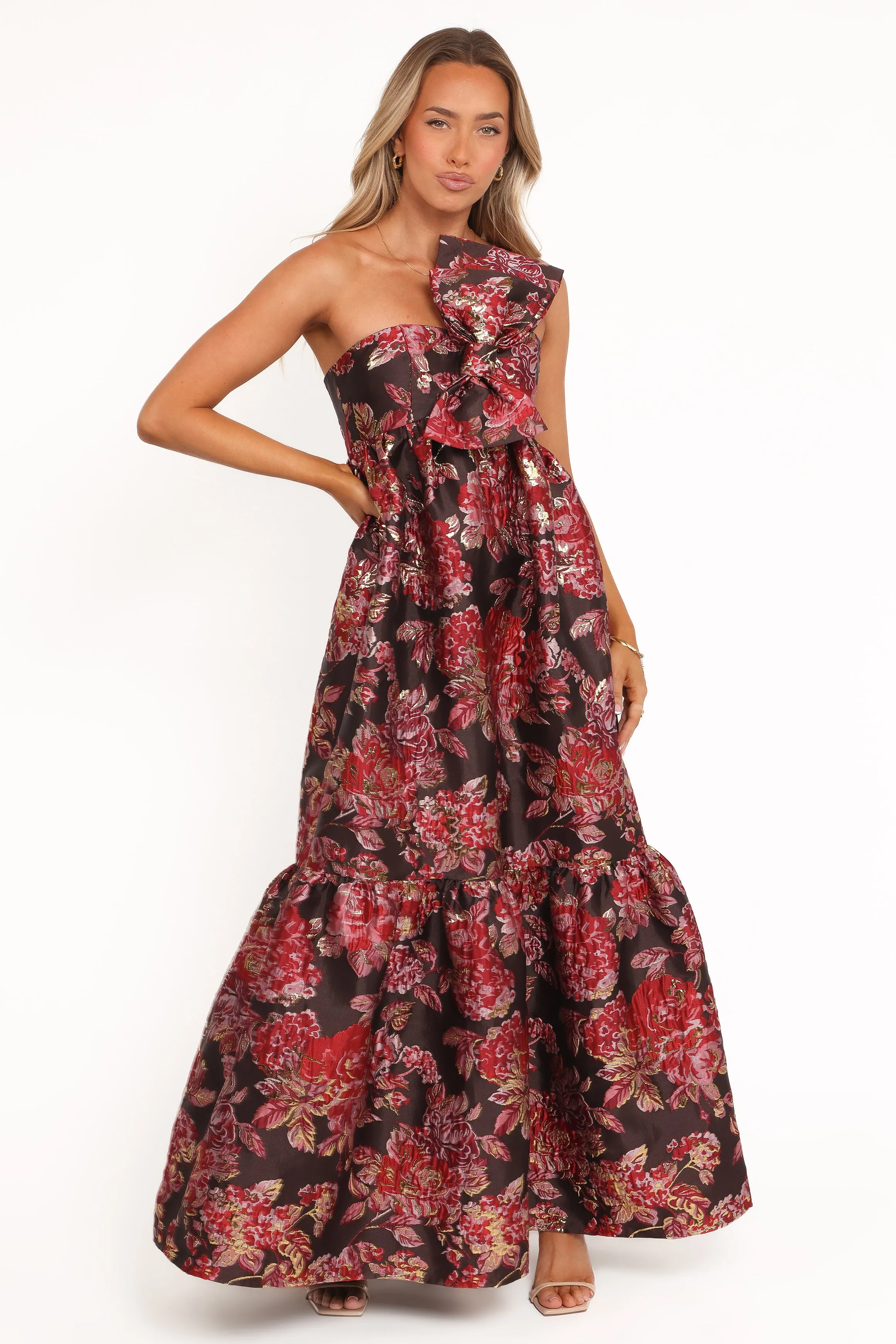 Betina Bow Front Maxi Dress - Brown Floral Natural Silhouette
