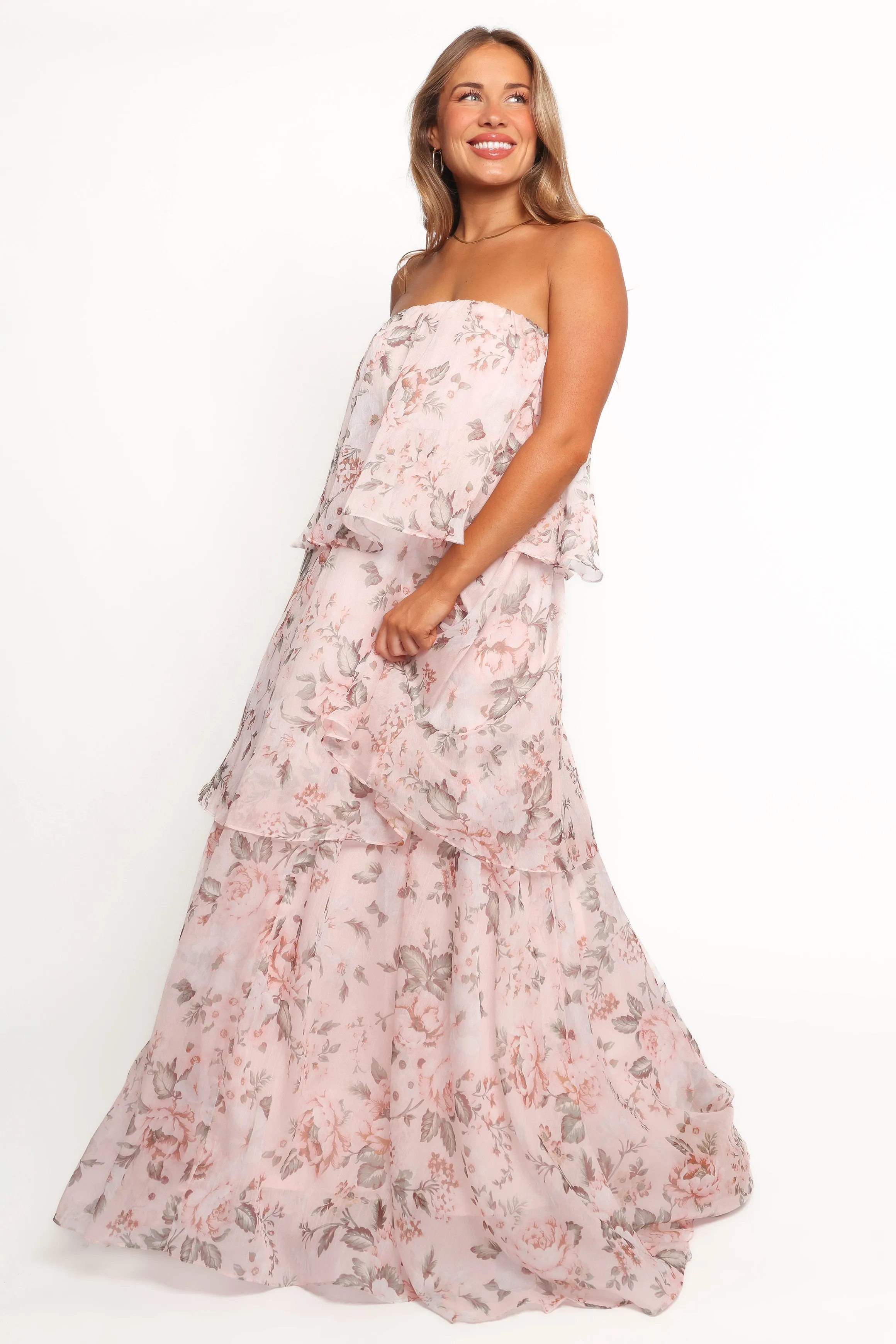 Bold Structure Airy Drape Bloom Strapless Maxi Dress - Floral