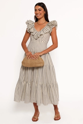 Bobbie Midi Dress - Neutral Stripe Rose Soft Side-Slit