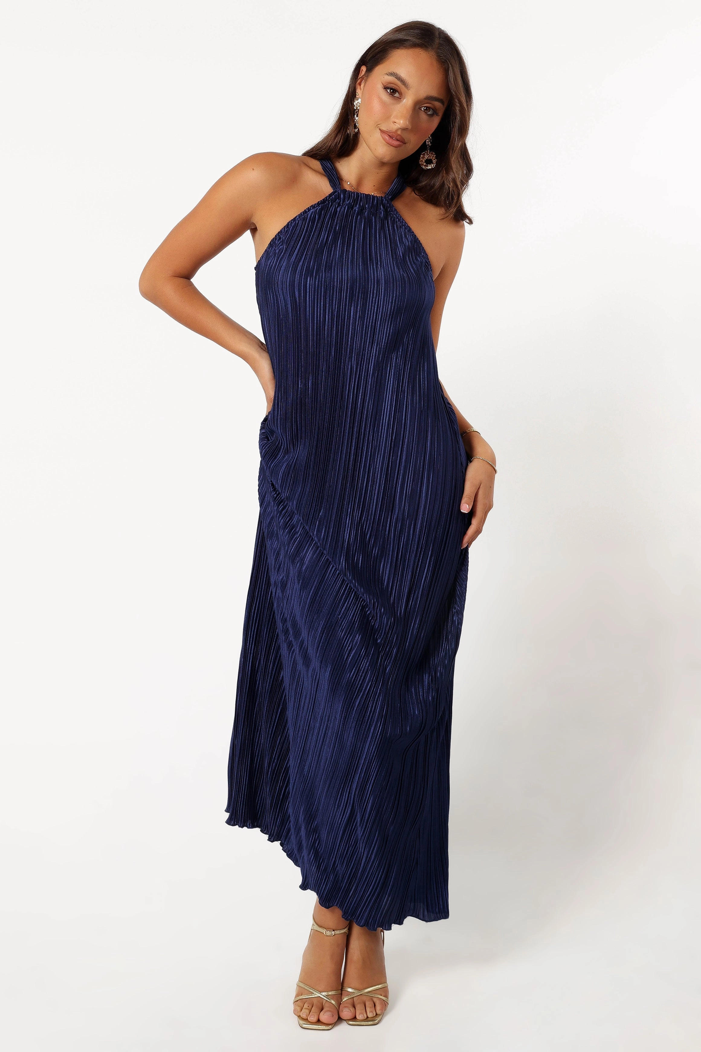 Soft Drape UV-Resistant Melody Plisse Halter Maxi Dress - Navy