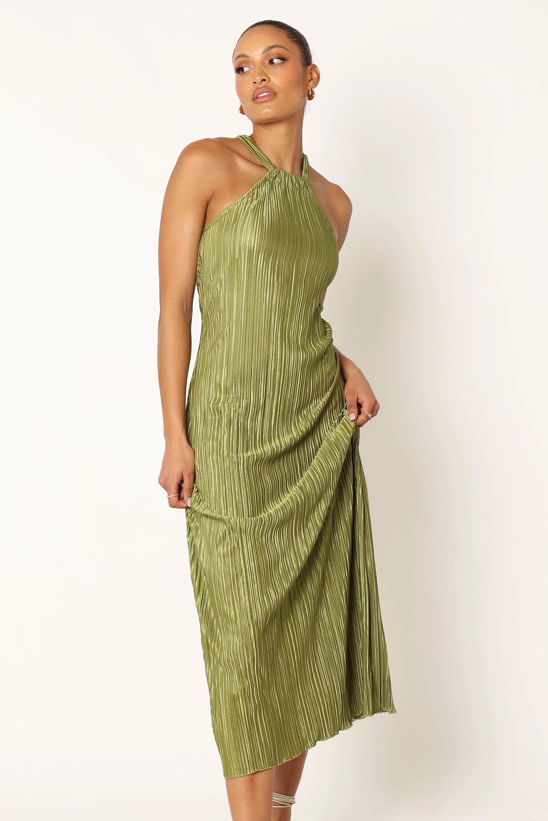 Spring Vibe Melody Plisse Halter Maxi Dress - Olive