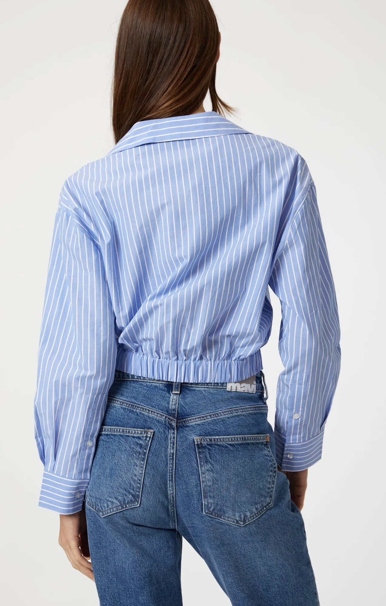 KNOT FRONT LONG SLEEVE SHIRT IN BLUE STRIPED Wrinkle Resistant Finish Exclusive Collection