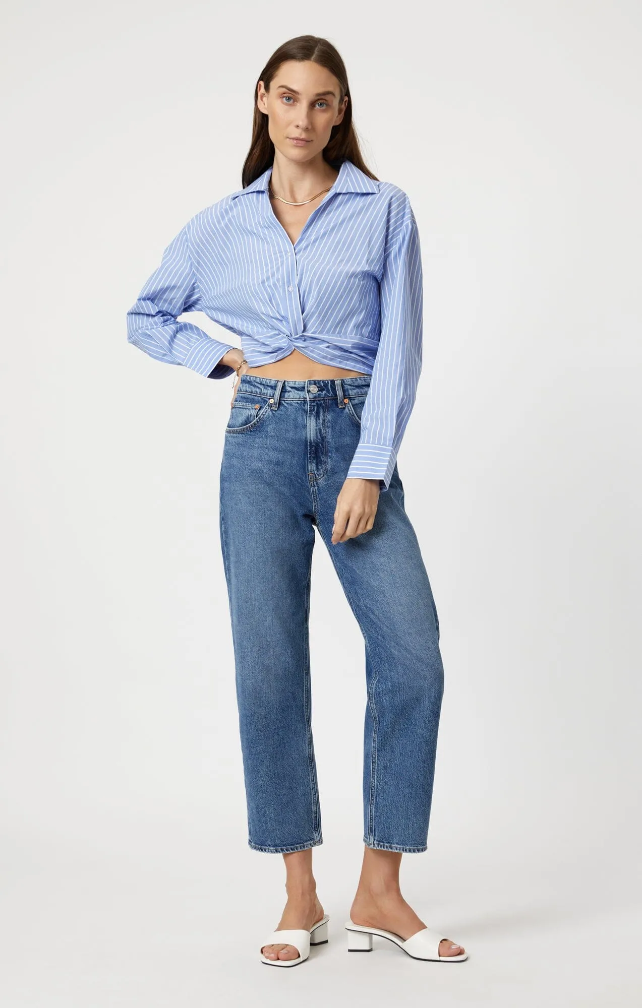 Abstract print Unstructured Shoulder KNOT FRONT LONG SLEEVE SHIRT IN BLUE STRIPED