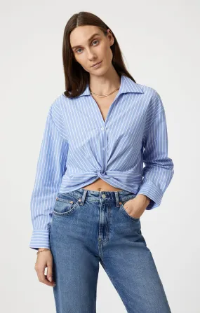 Comfortable Wear Versatile Layering Piece KNOT FRONT LONG SLEEVE SHIRT IN BLUE STRIPED