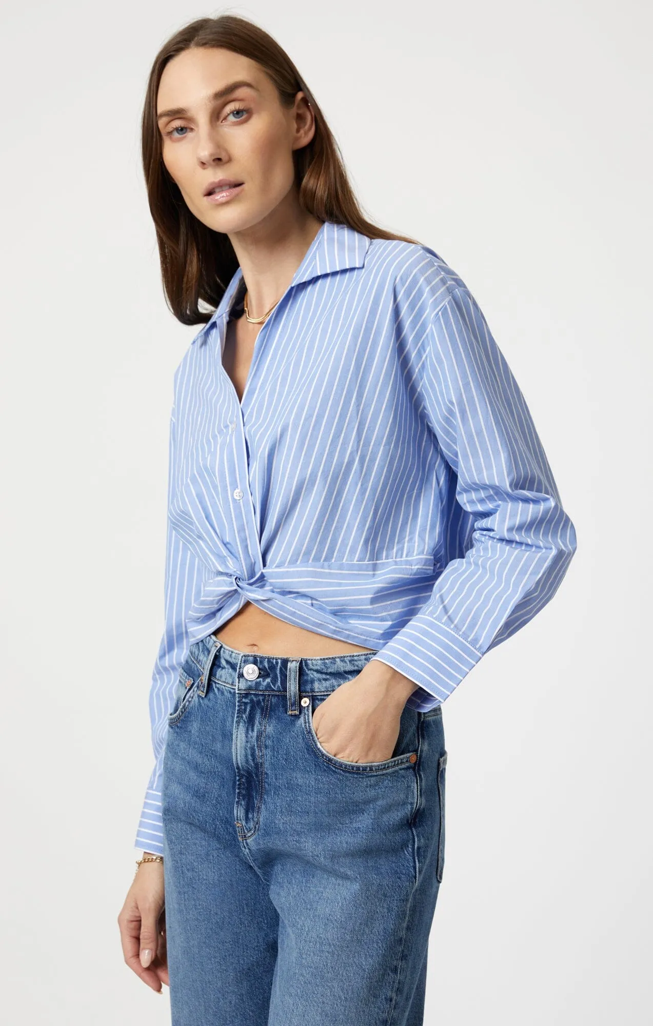 KNOT FRONT LONG SLEEVE SHIRT IN BLUE STRIPED Anti Static Lining