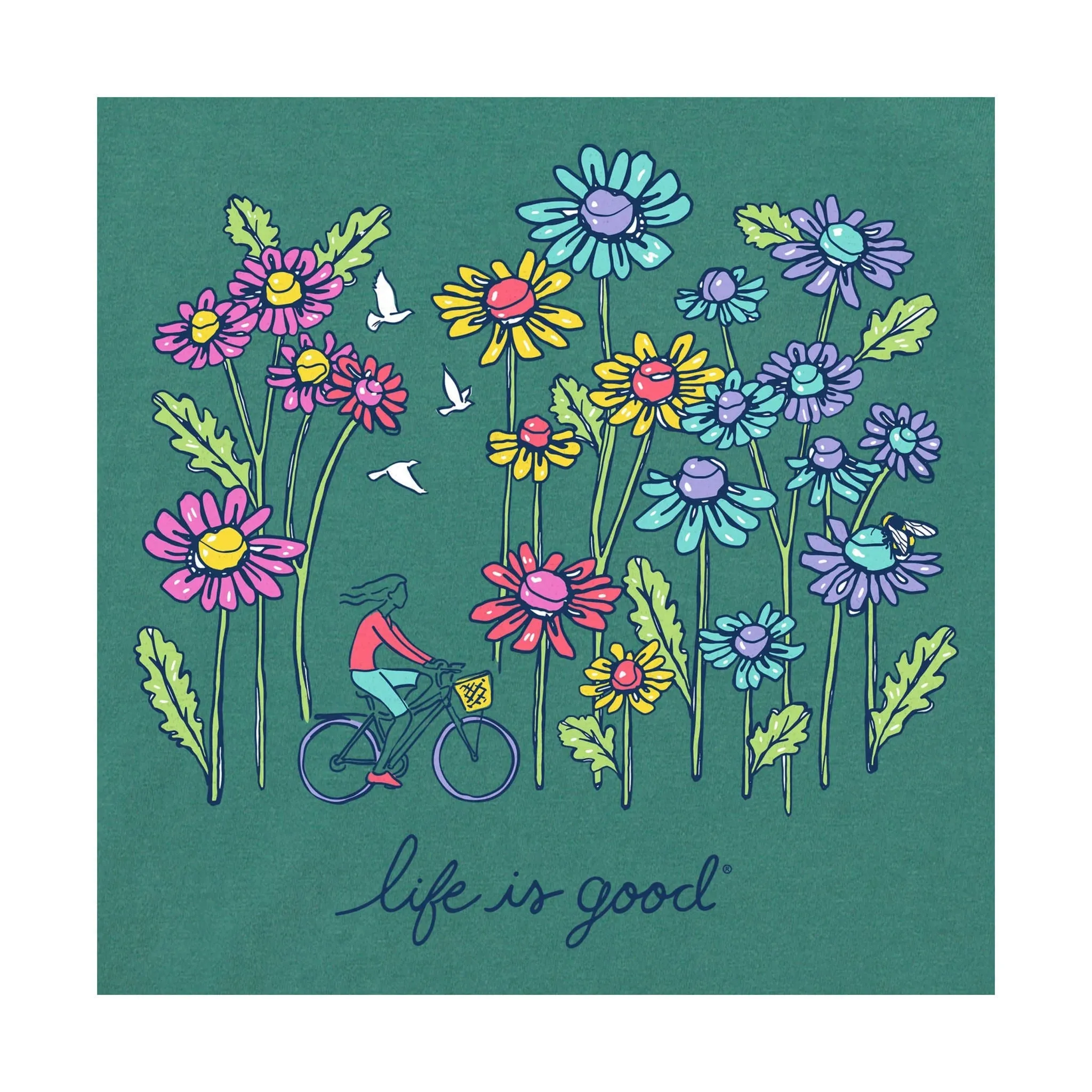 Life Is Good Women's Wildflower Bike Short Sleeve Crusher Tee - Spruce Green AdjustableDrawstring