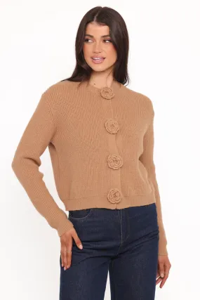 Balanced Stretch Structure Circular Knit Design Jones Rosette Cardigan - Mocha