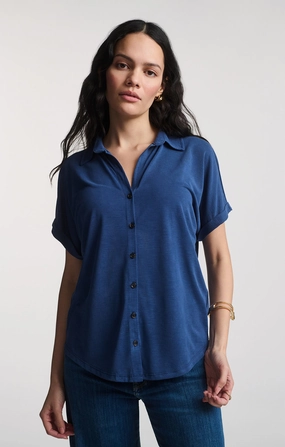 Stretch Fit Design LUXE TOUCH TENCEL? BUTTON-UP T-SHIRT IN MEDIEVAL BLUE