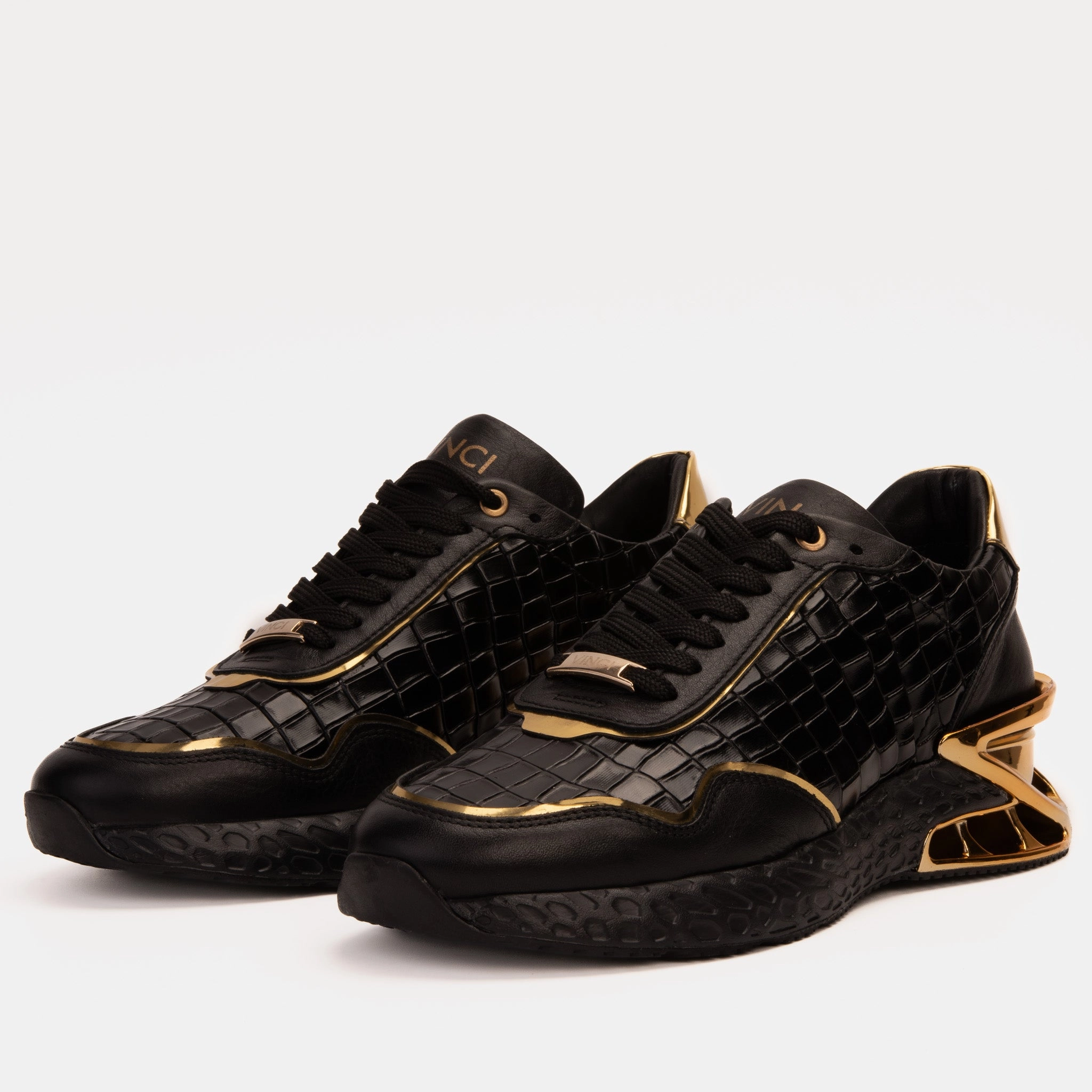 The Bellagio Black & Gold Leather Men Sneaker Structured Heel Cup