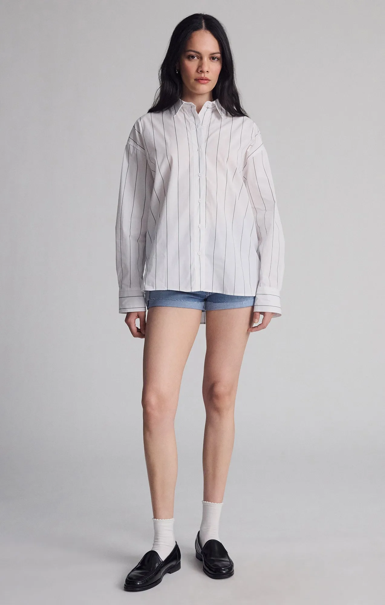 BREEZY BUTTON-UP SHIRT IN BLACK STRIPED Recycled Polyester Blend