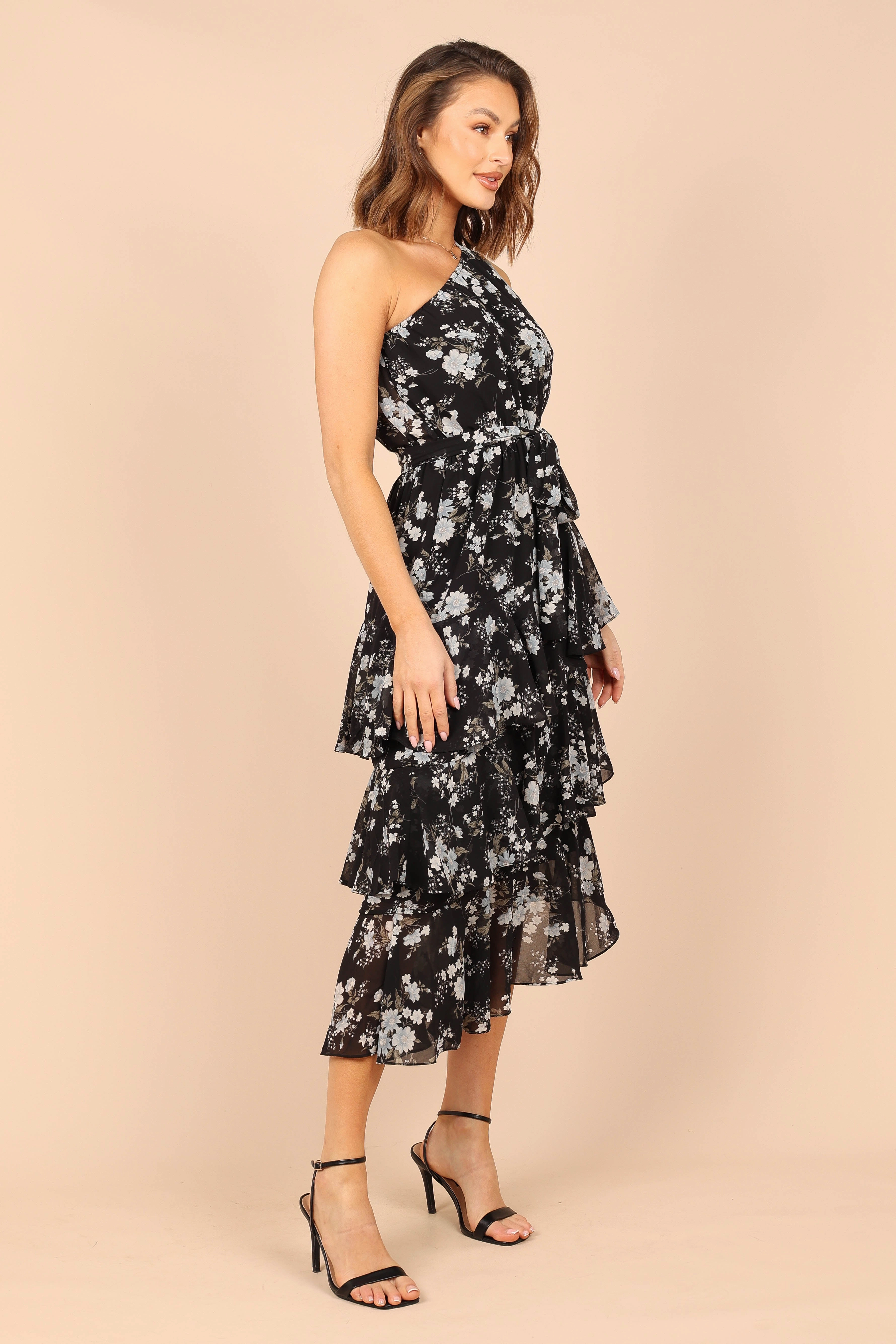 Weekend Feel Brigette One Shoulder Tiered Midi Dress - Black Floral
