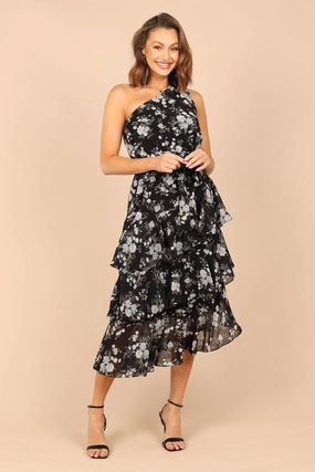 Subtle-Print Brigette One Shoulder Tiered Midi Dress - Black Floral