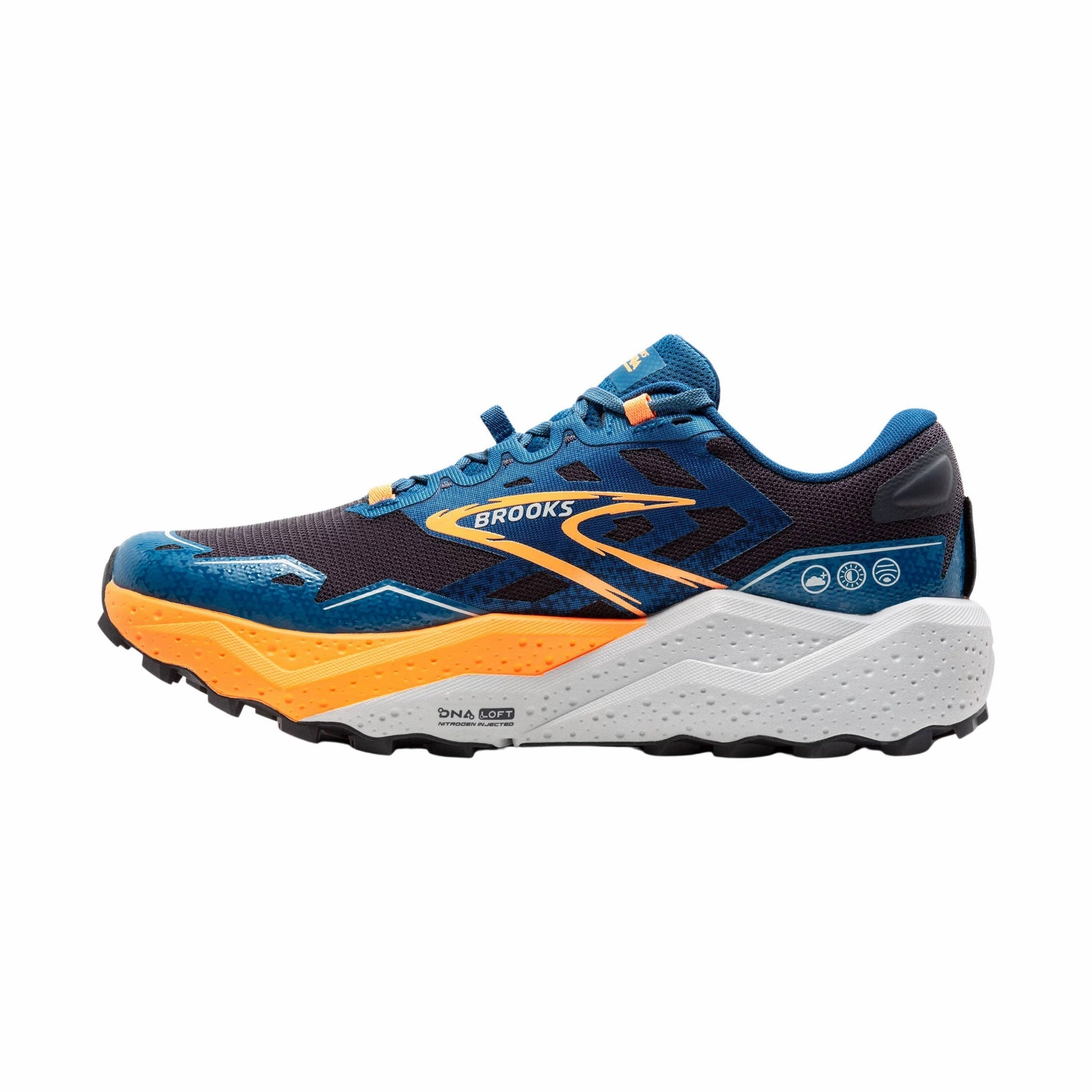 Brooks Men's Caldera 7 Trail Running Shoe - Ebony/Blue Sapphire/Orange Asymmetric Lacing System