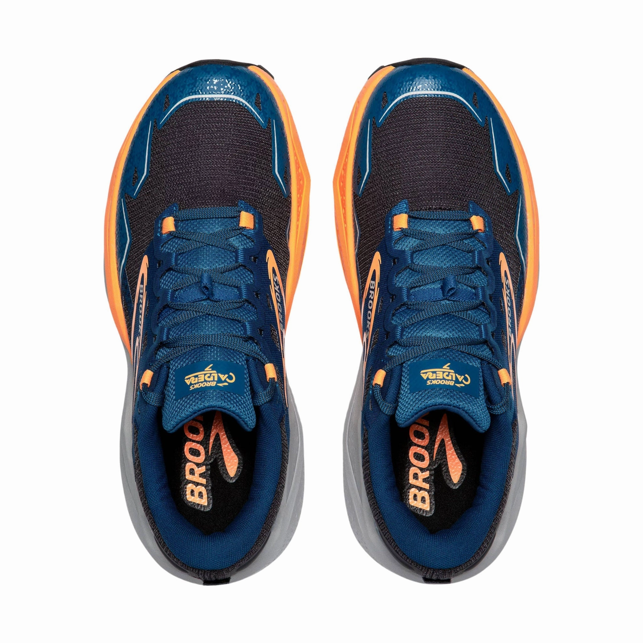 Brooks Men's Caldera 7 Trail Running Shoe - Ebony/Blue Sapphire/Orange Breathable Outsole Vents