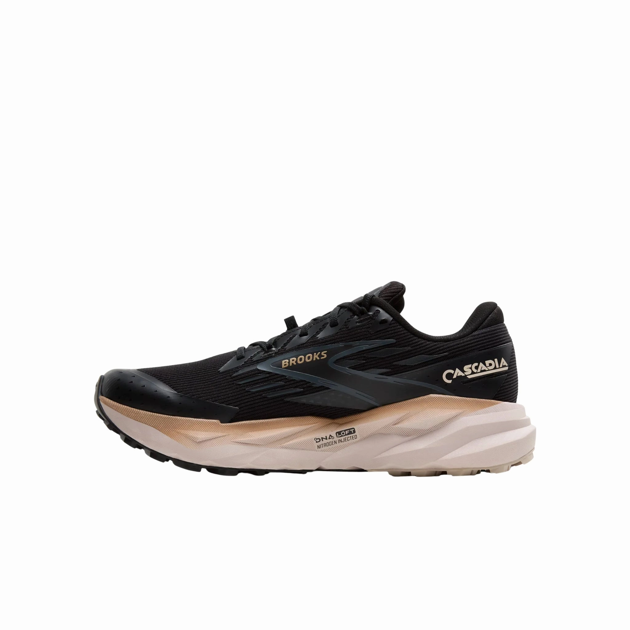 Vapor Wick Fabric Odor Resistant Material Brooks Men's Cascadia 19 GTX Trail Running Shoes - Black/Ebony/Chateau Gray