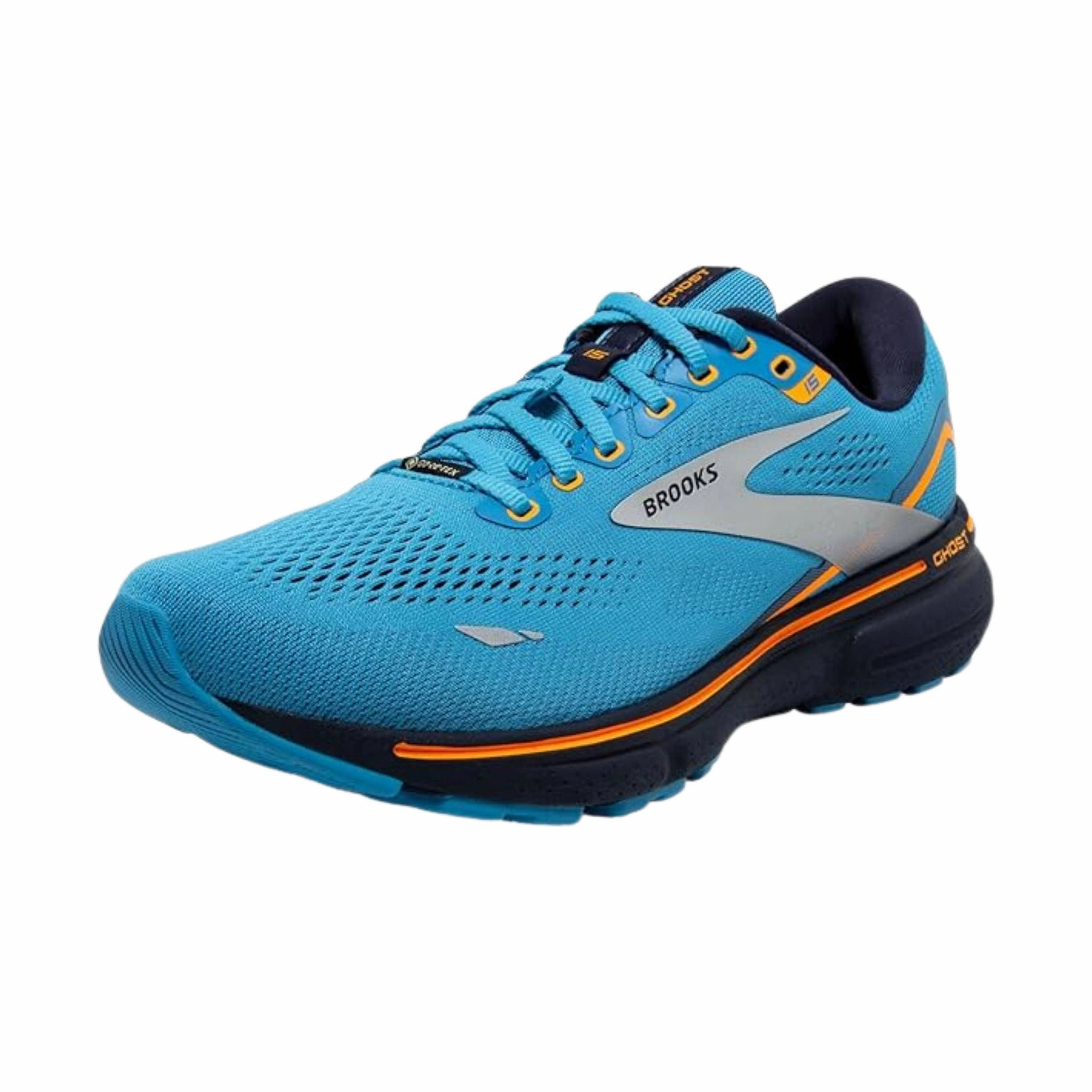 Brooks Men's Ghost 15 GTX Running Shoes - Blue/Peacoat/Orange Rocker Sole Design